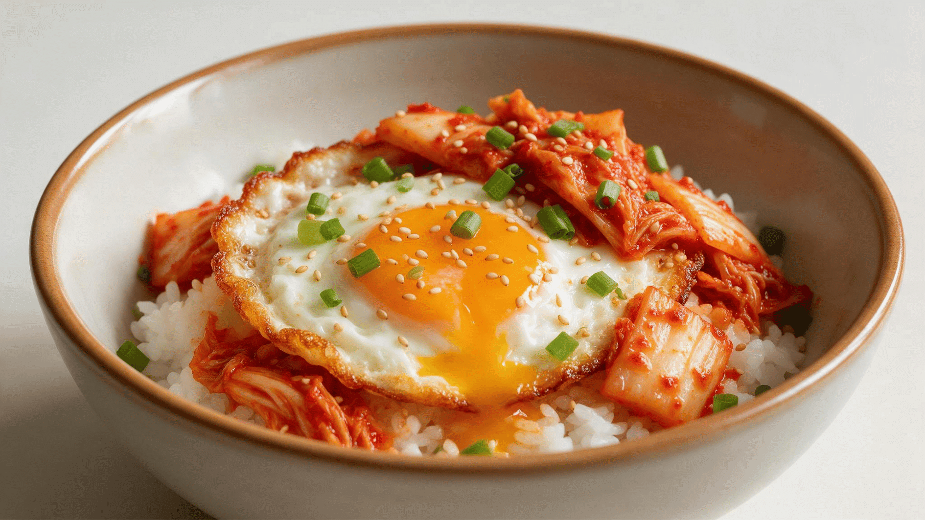 kimchi egg rice bowl with fried egg green onions sesame seeds and white rice
