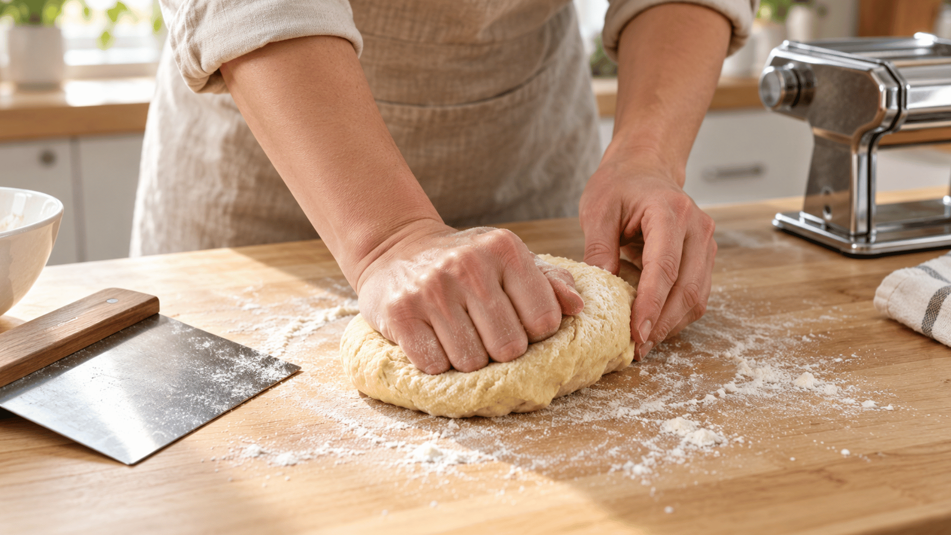 hands kneading fresh pasta dough on a lightly floured wooden countertop