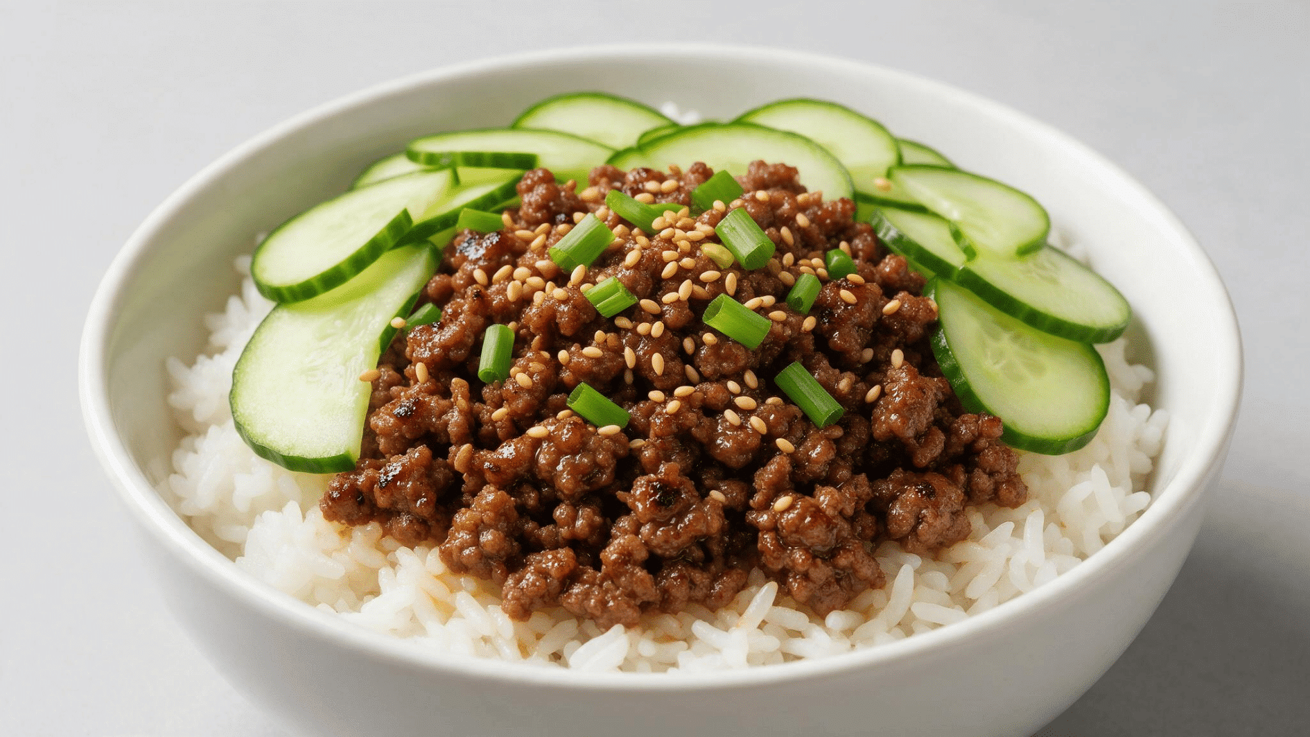 korean beef rice bowl with seasoned ground beef rice vegetables and fresh toppings in a bowl