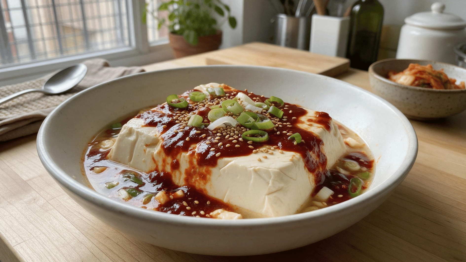 spicy Korean style silken tofu bowl with gochujang sauce and green onions