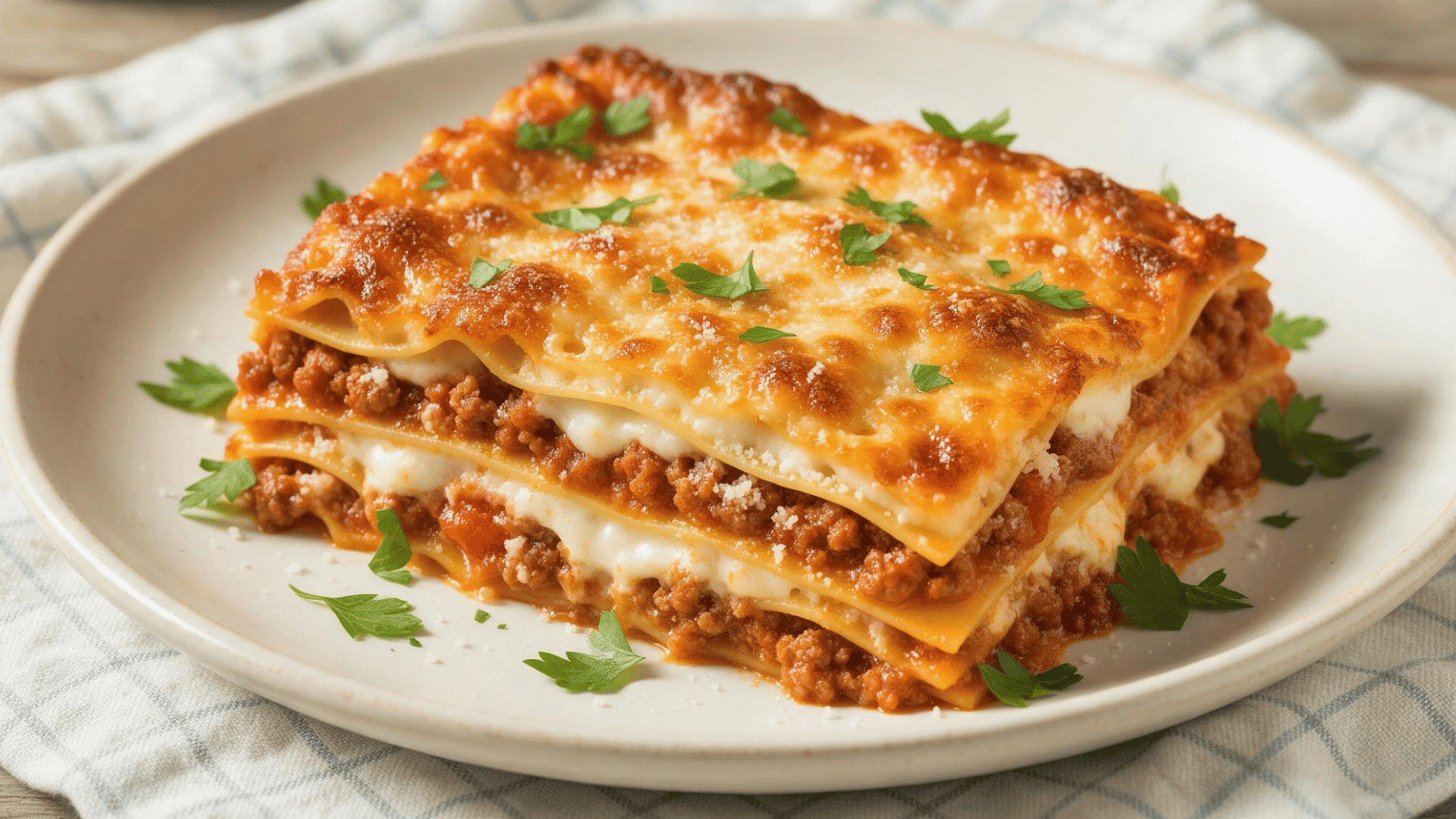 Slice of lasagna with meat sauce, melted cheese, layered pasta sheets and chopped parsley on a white plate.