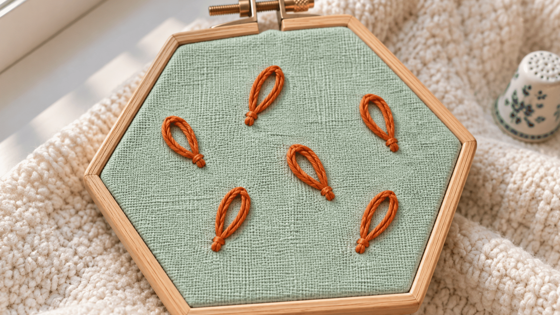 orange lazy daisy stitches on mint cotton showing separate loop shapes anchored at each tip