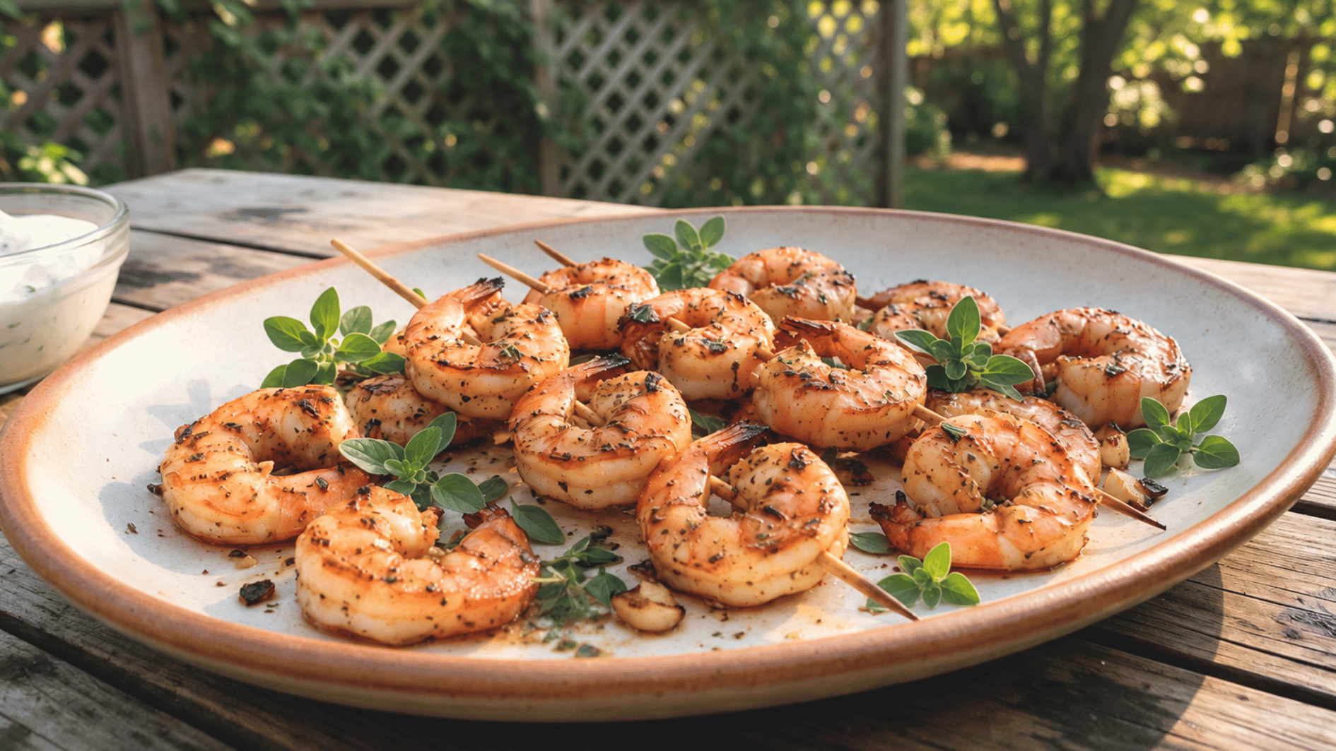 grilled herb shrimp with charred edges and fresh herbs served on a rustic outdoor platter
