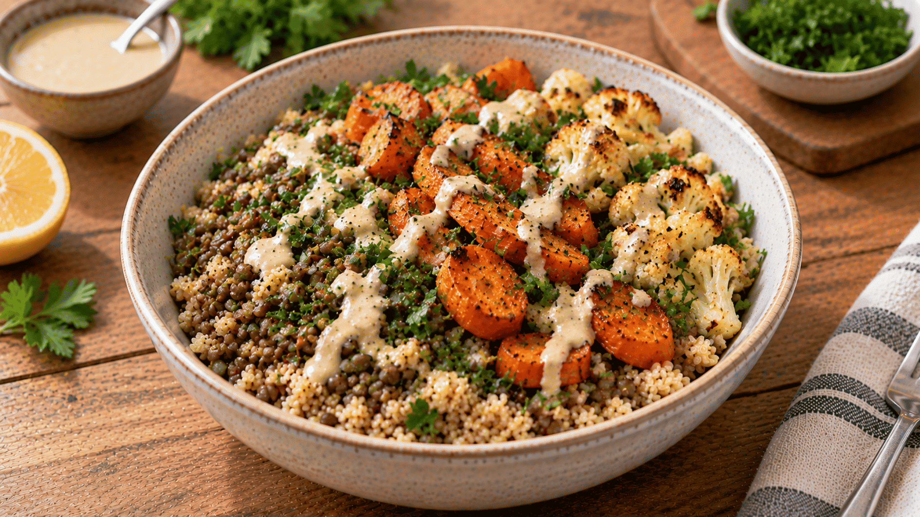 lentil and bulgur protein bowl with roasted carrots cauliflower parsley and tahini dressing