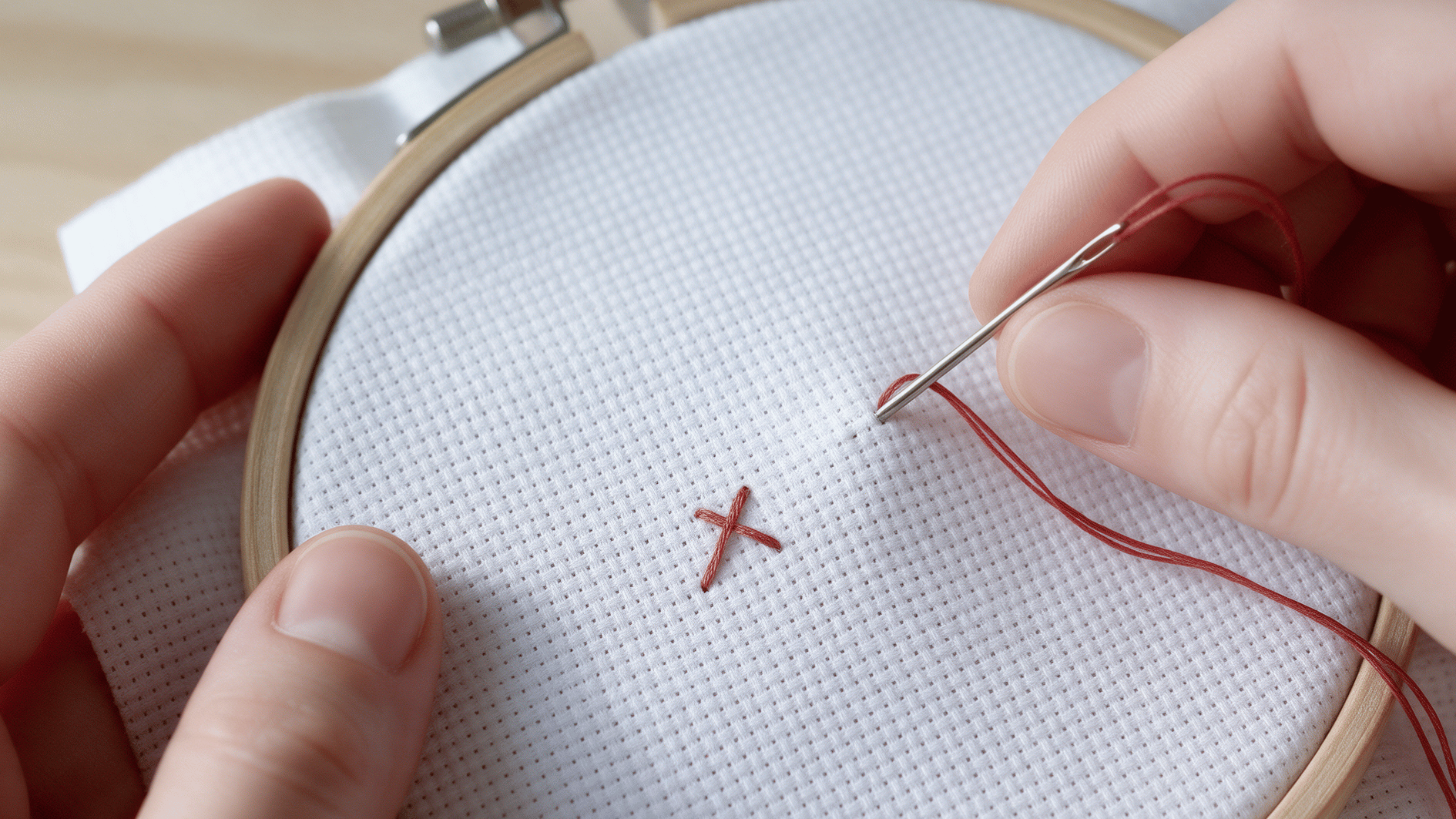 single muted red x stitch completed on white aida cloth as the first stitch of a flower petal