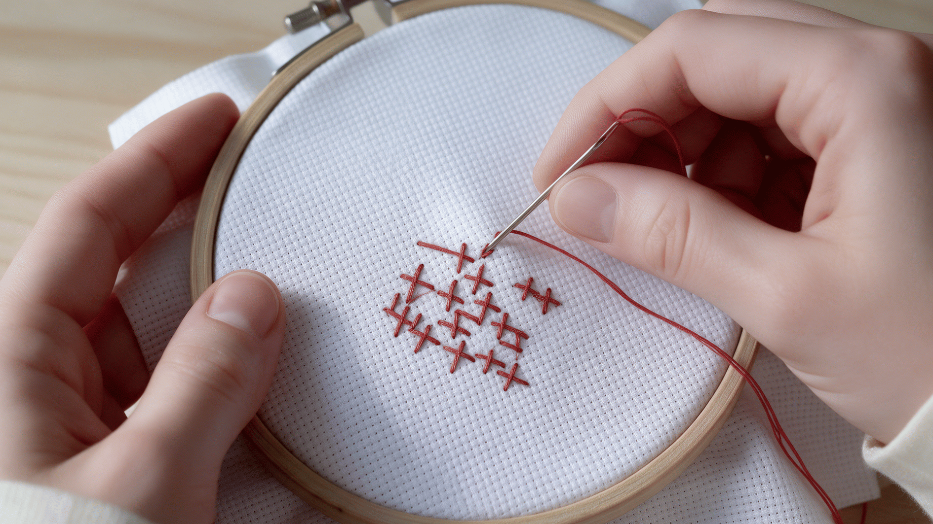 muted red cross stitches forming the first flower petal while a threaded needle continues stitching