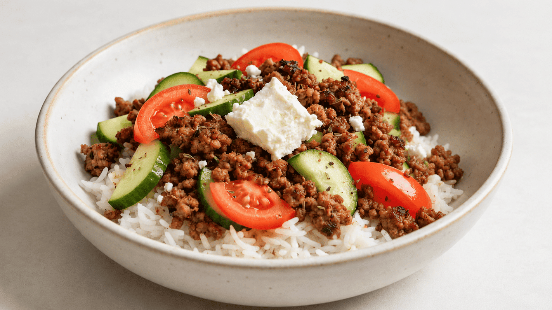 greek lamb rice bowl with seasoned rice cucumber tomatoes and feta cheese