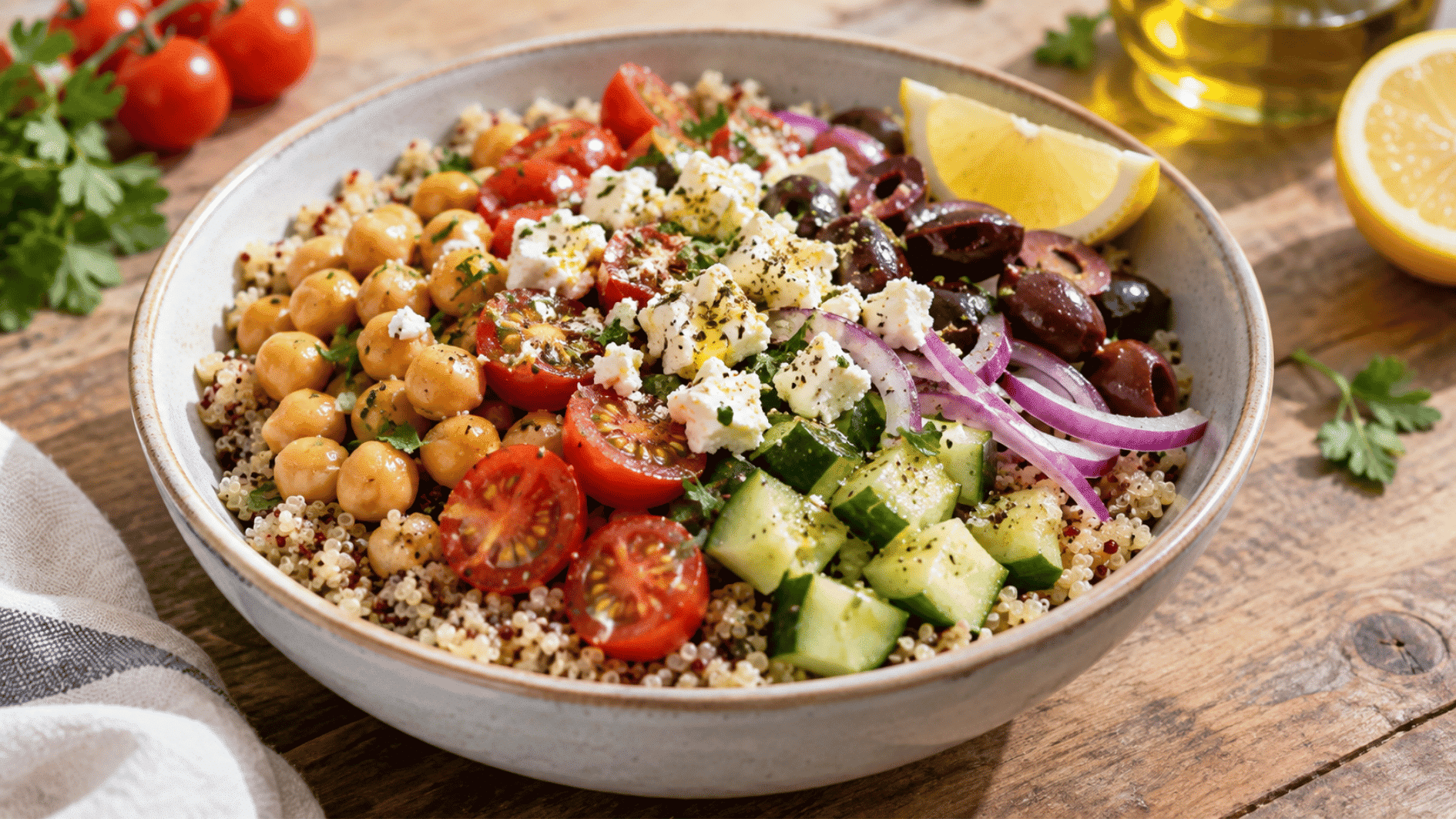 mediterranean quinoa bowl with chickpeas cucumber tomatoes feta olives and lemon dressing