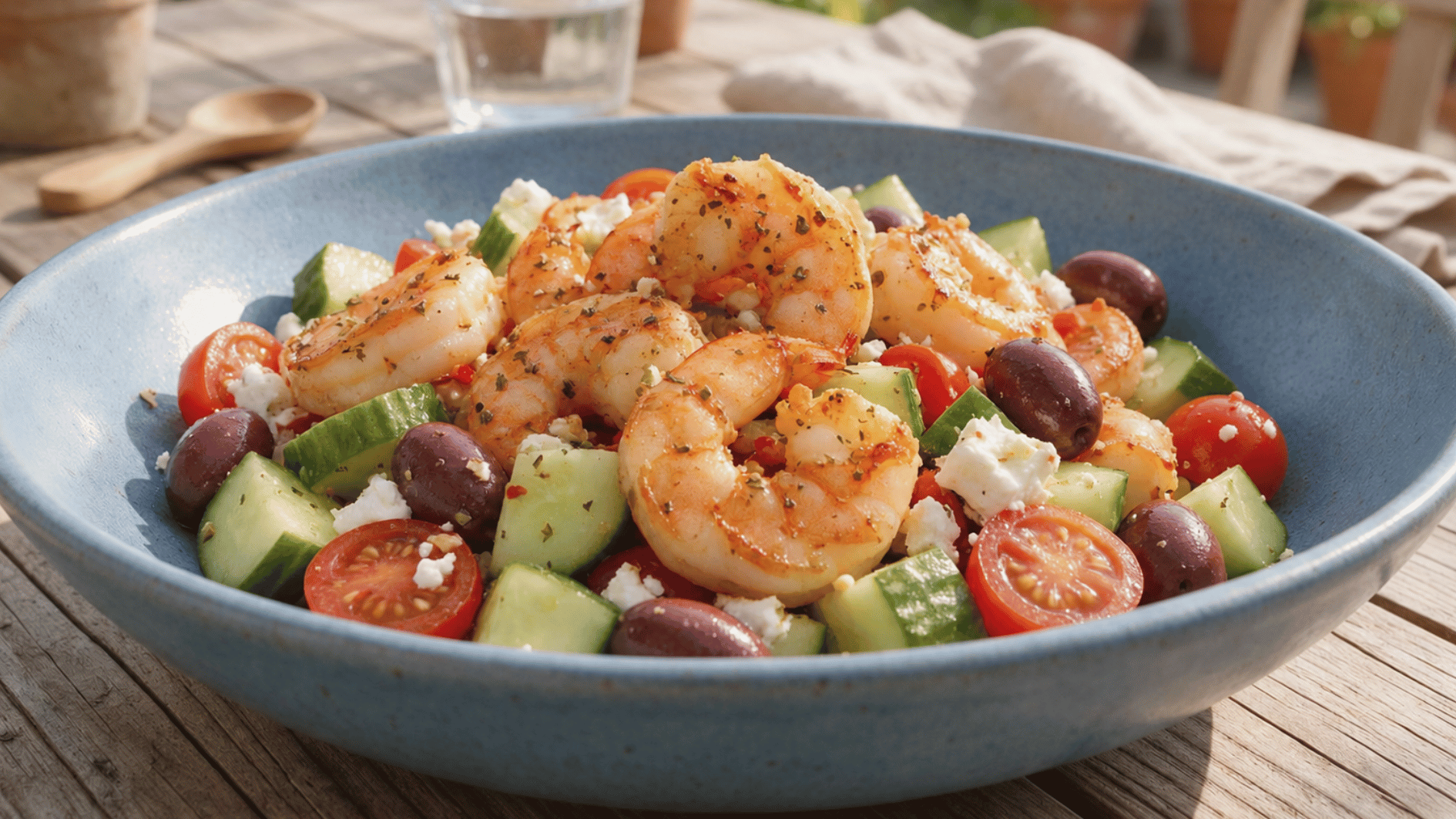 mediterranean shrimp salad with cucumber, tomatoes, olives, and feta served in a blue ceramic bowl