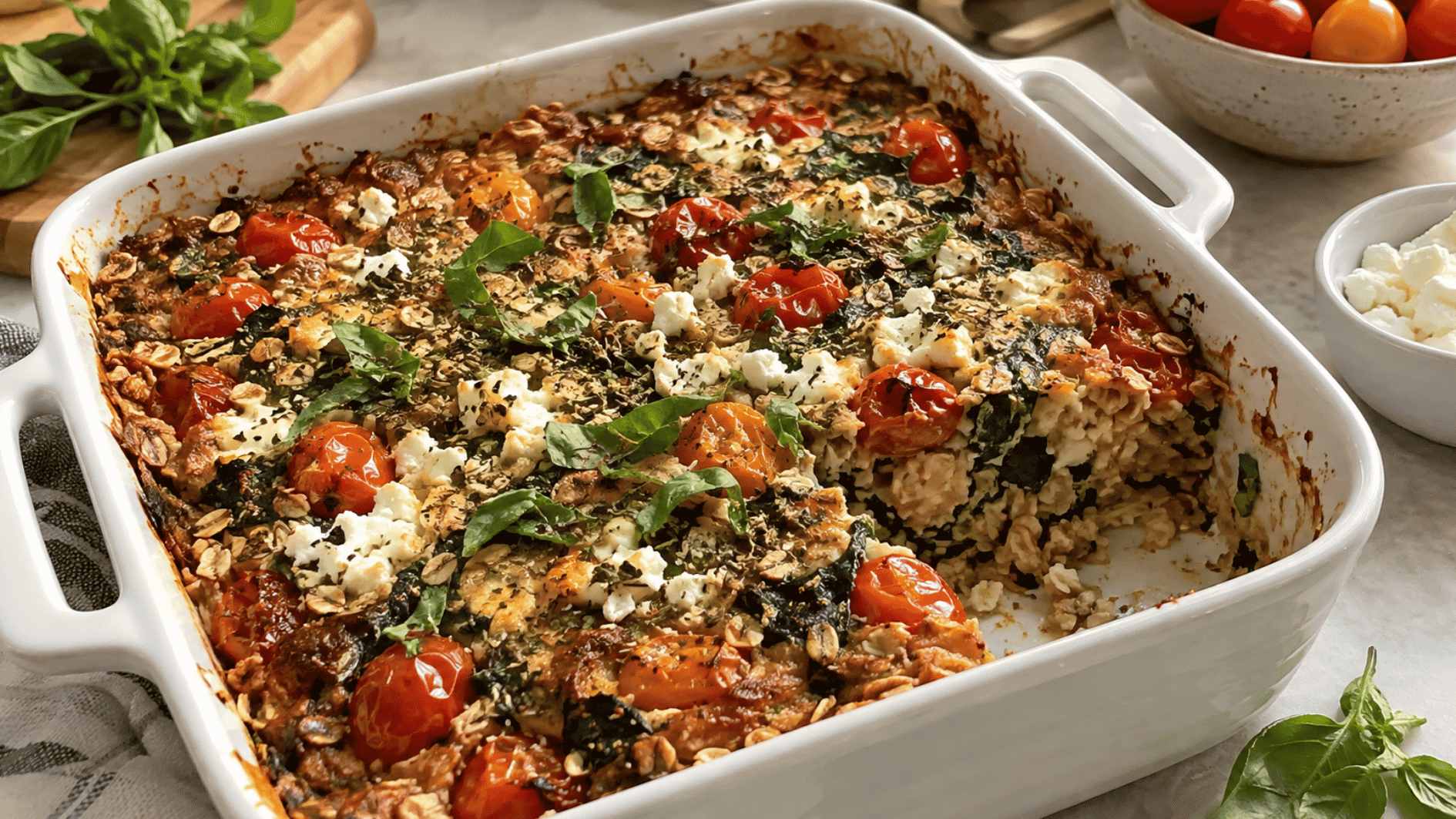 mediterranean tomato herb baked oatmeal in a baking dish, topped with diced tomatoes and fresh herbs