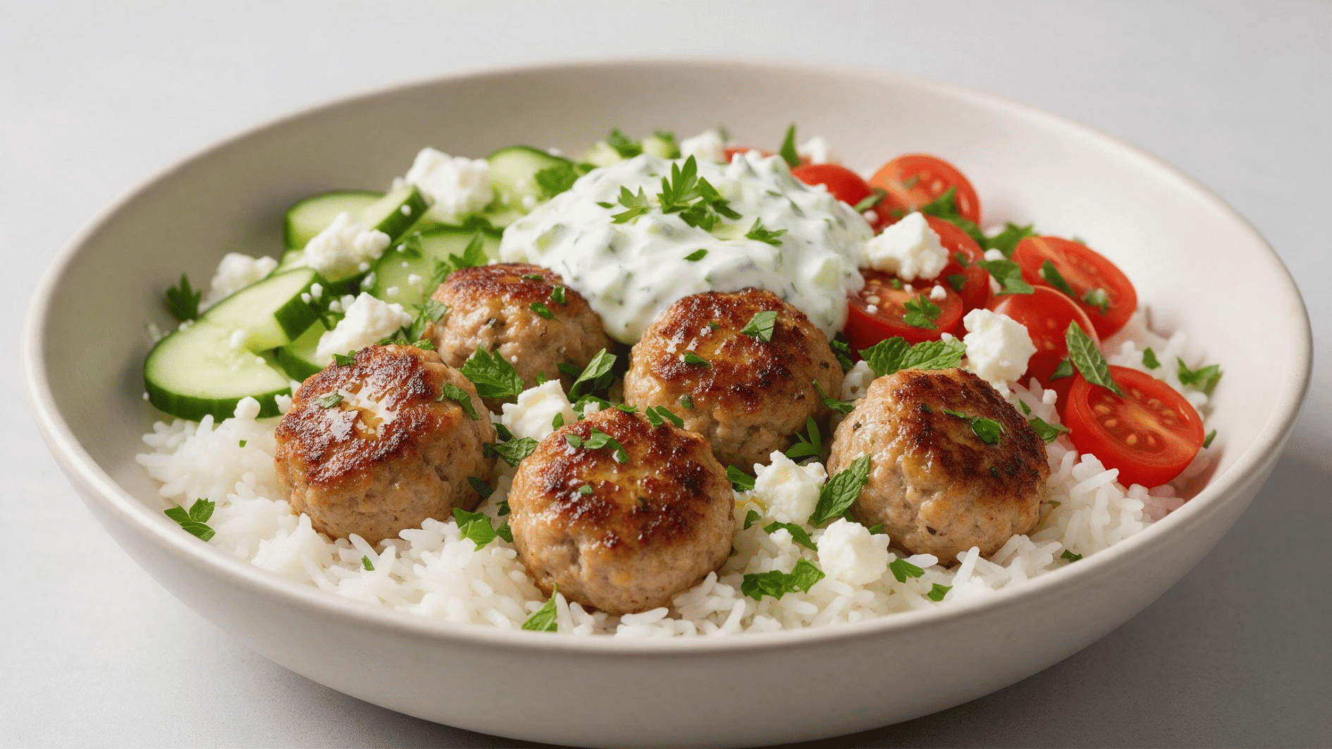 turkey meatball rice bowl with cucumber tomatoes feta tzatziki and white rice