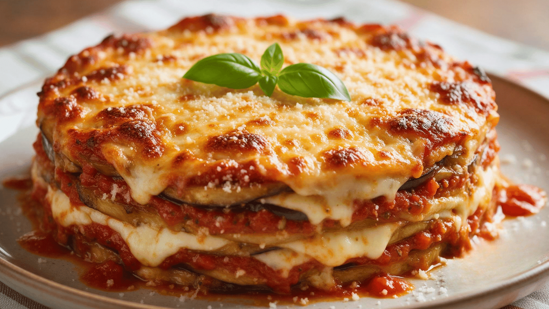 Layered eggplant with tomato sauce, melted cheese, grated cheese and basil on a plate.
