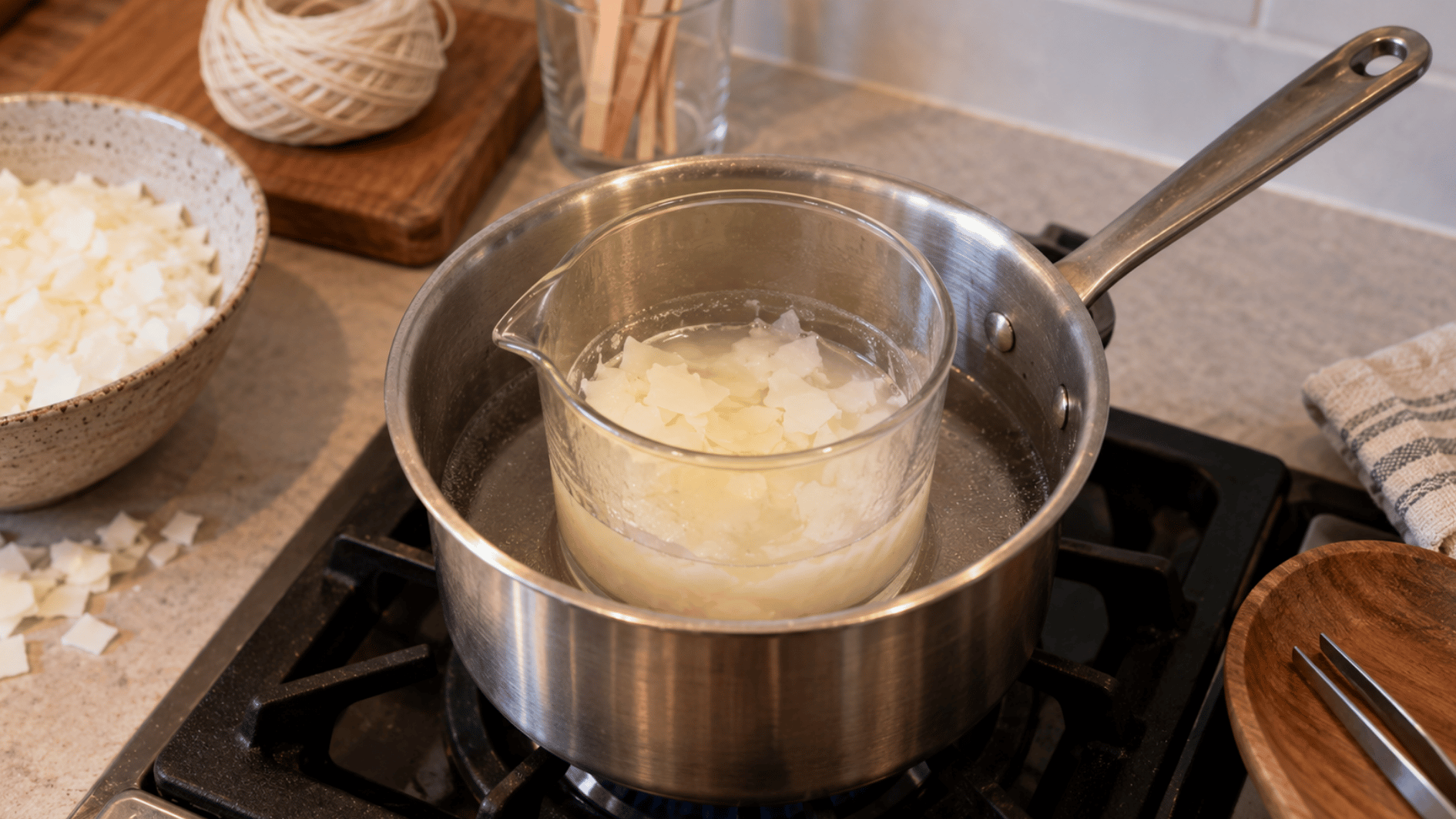 candle wax melting in a heat-safe container over a double boiler for preparing a homemade cotton wick