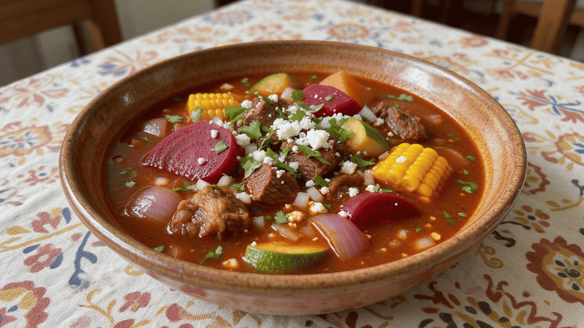 Full bowl of Mexican beef stew in reddish broth on a tablecloth-covered table