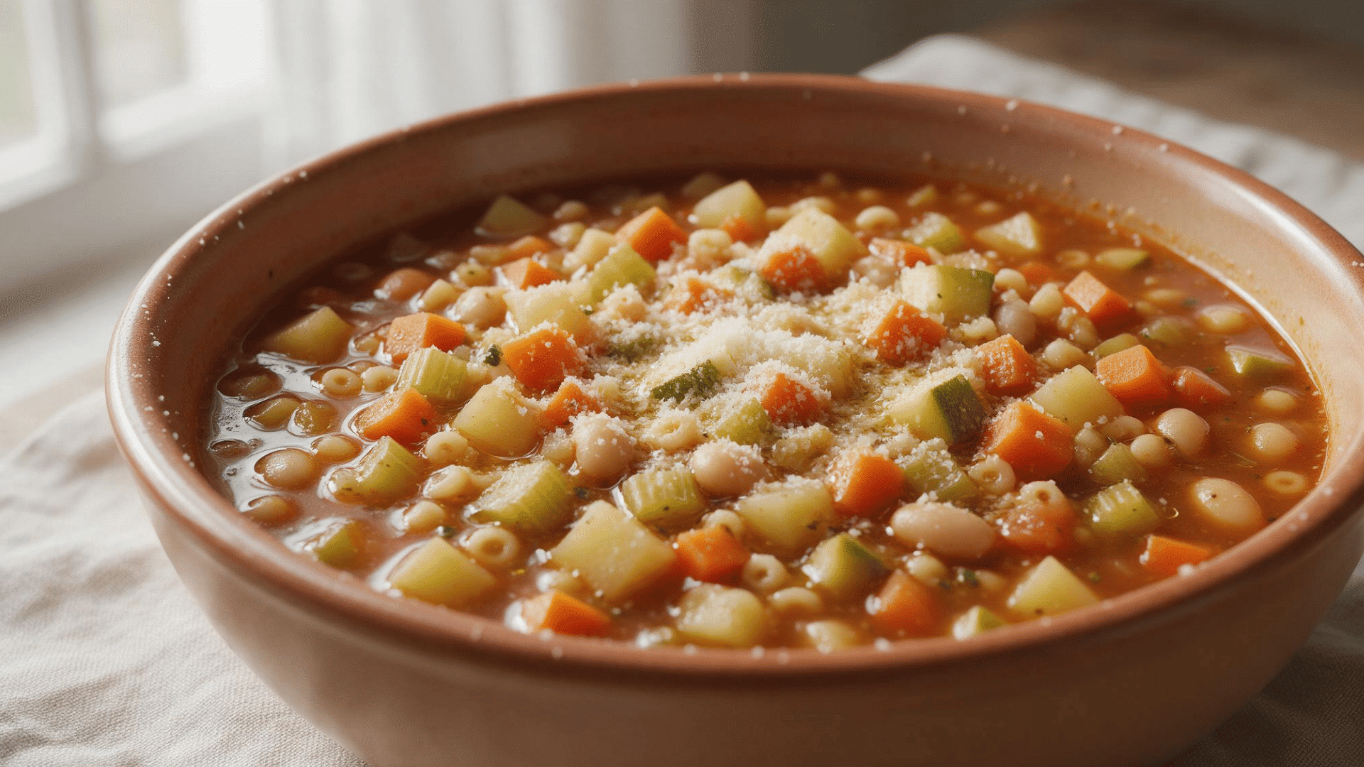 Minestrone soup with beans, pasta, carrots, celery, zucchini, potatoes and grated cheese in a brown bowl.