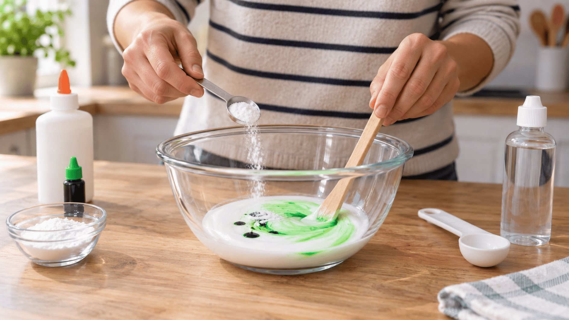 baking soda and green food coloring being mixed into white glue in a clear bowl for homemade slime
