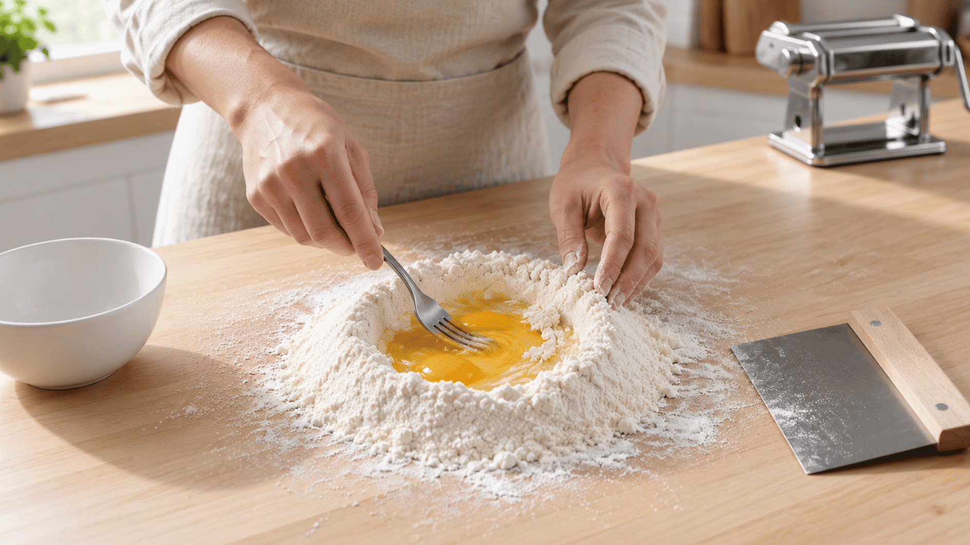 eggs being mixed into a flour well with a fork for homemade pasta dough
