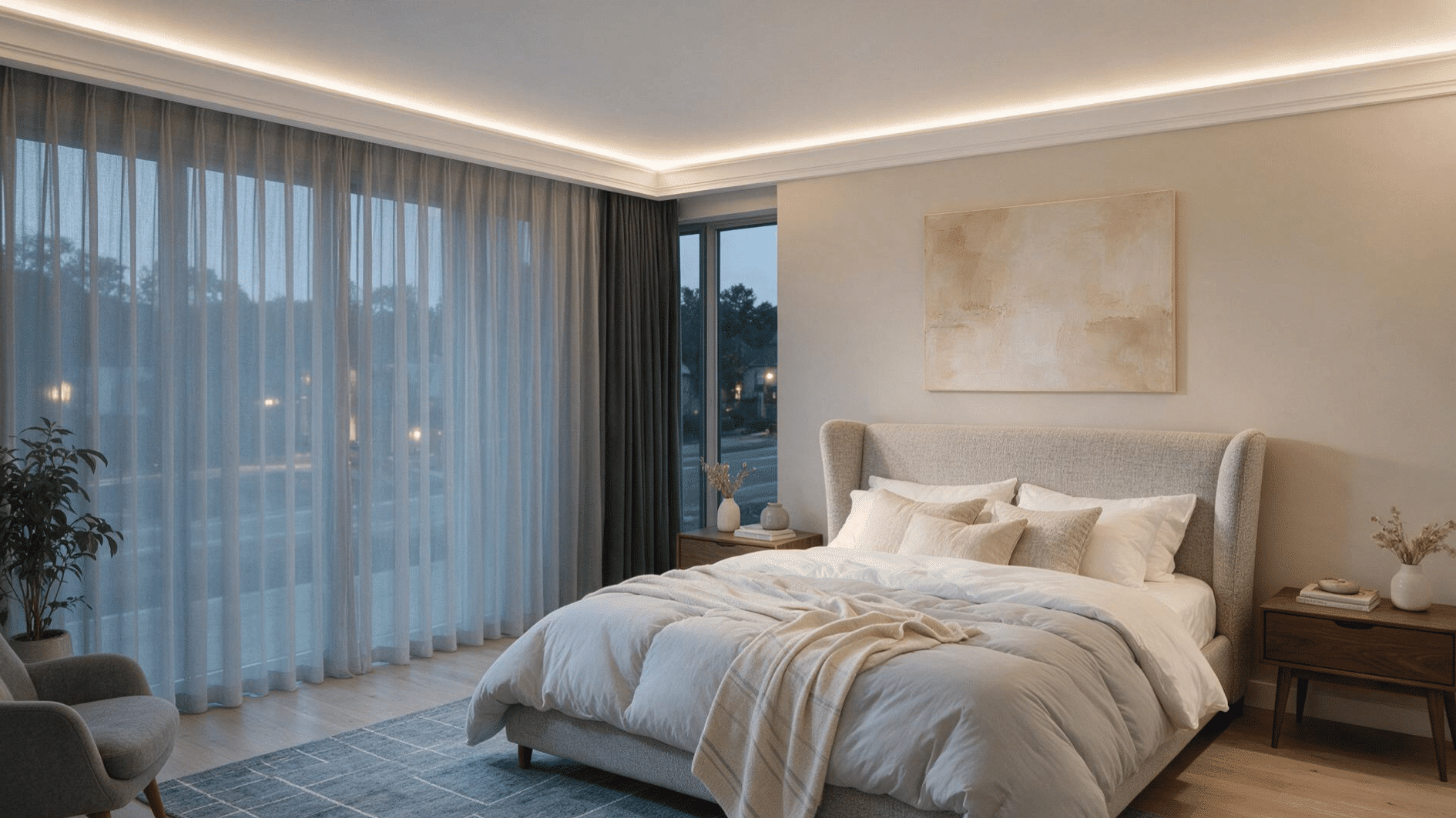 modern bedroom with crown molding and hidden ceiling lighting