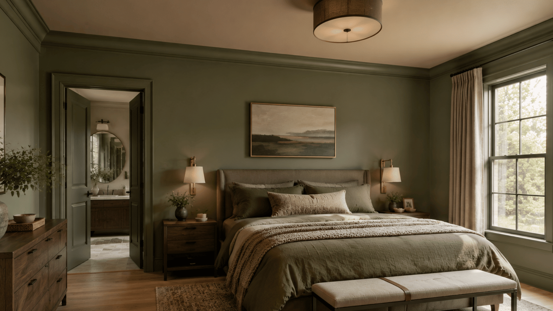 modern bedroom with matching wall color crown molding and seamless ceiling design