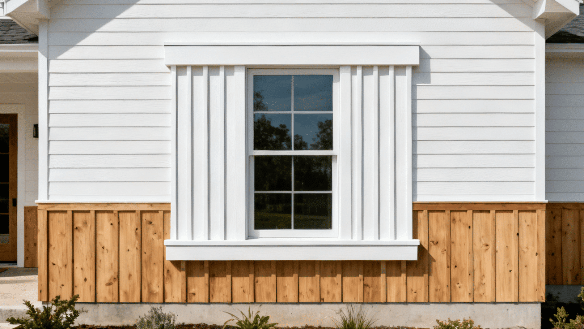 modern farmhouse exterior with wide window trim and vertical battens on board and batten siding around a large window frame