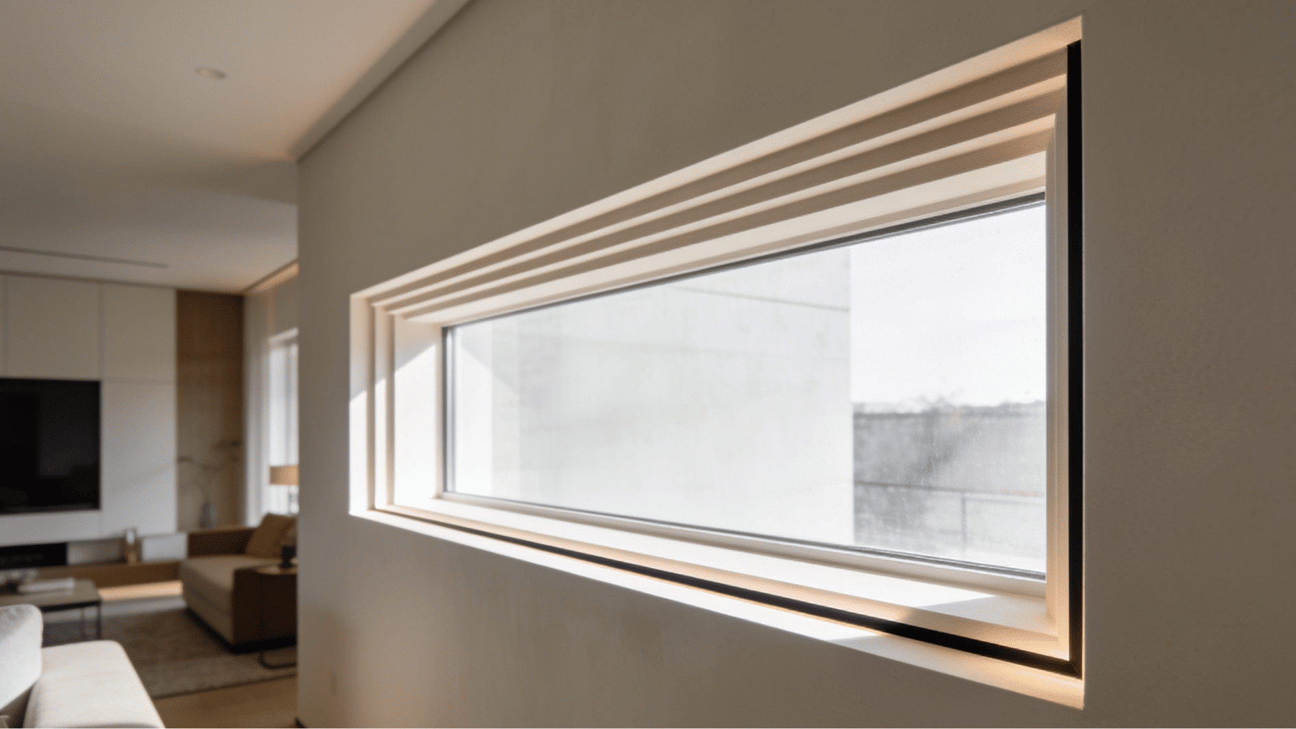 modern interior with shadow line window trim featuring recessed grooves around a large window and clean minimalist drywall finish