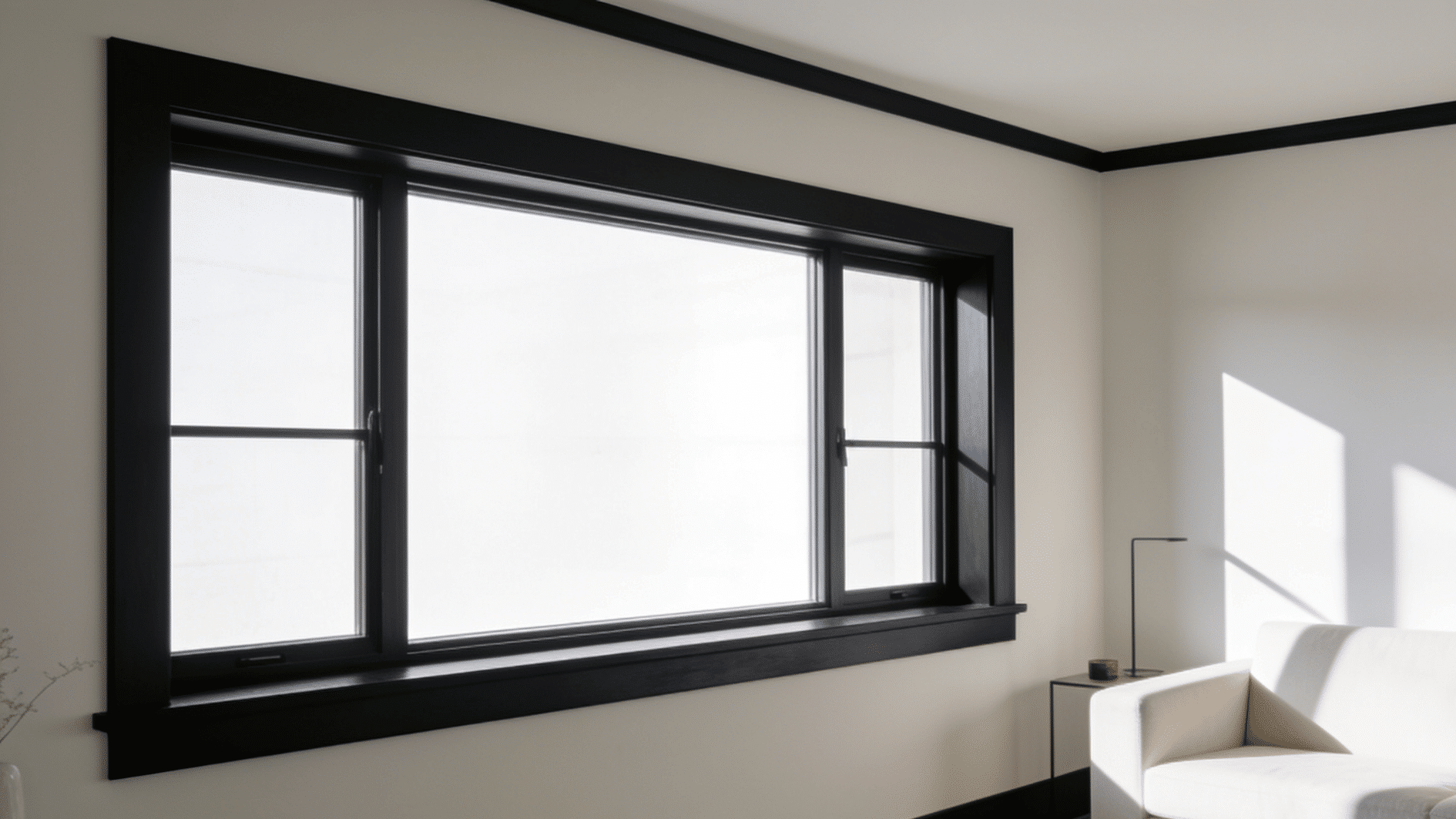 modern living room with matte black window trim contrasting against light walls and a large window with simple casing design