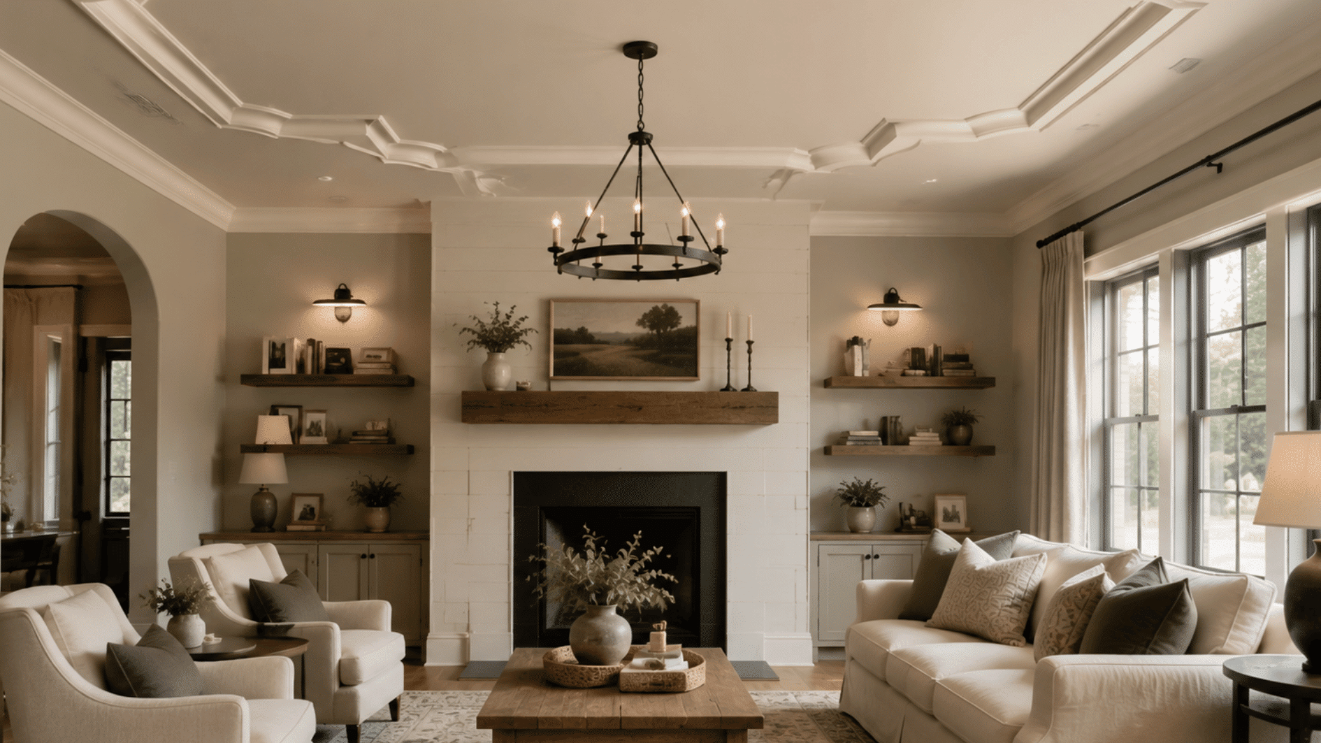 modern living room with offset ceiling trim patterns and architectural details