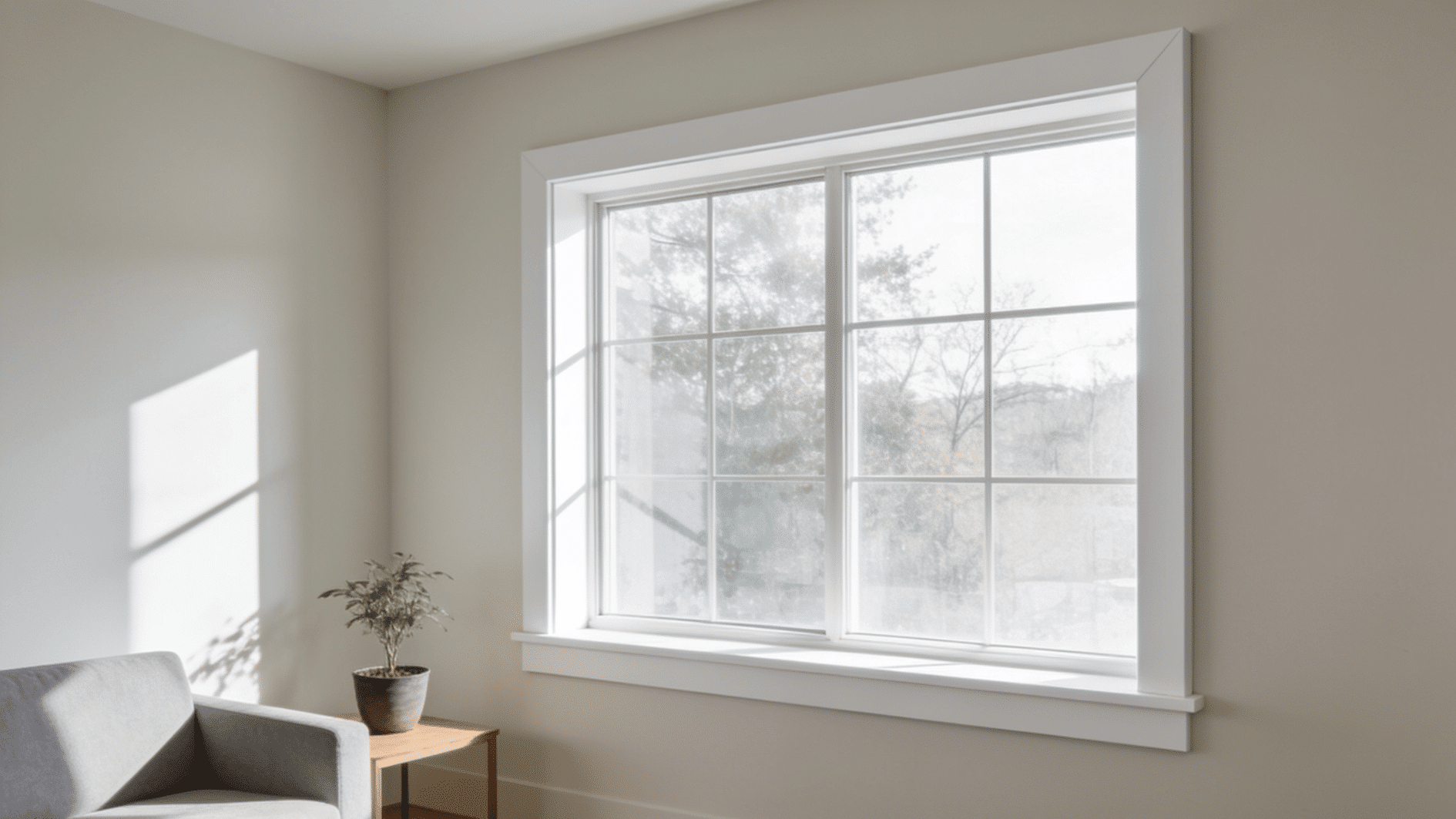 modern living room with simple flat stock window trim using straight white boards around a large window with clean design