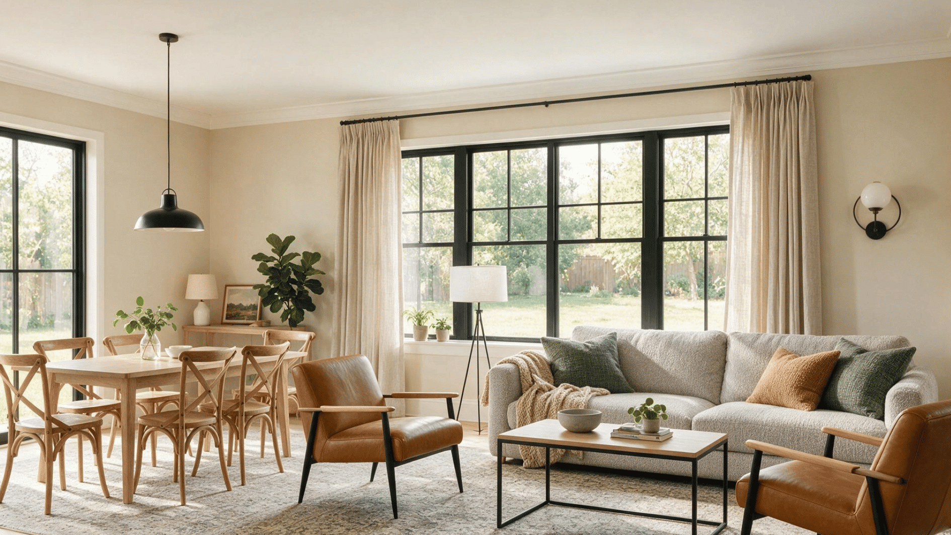 modern open plan living room with simple white crown molding and large windows