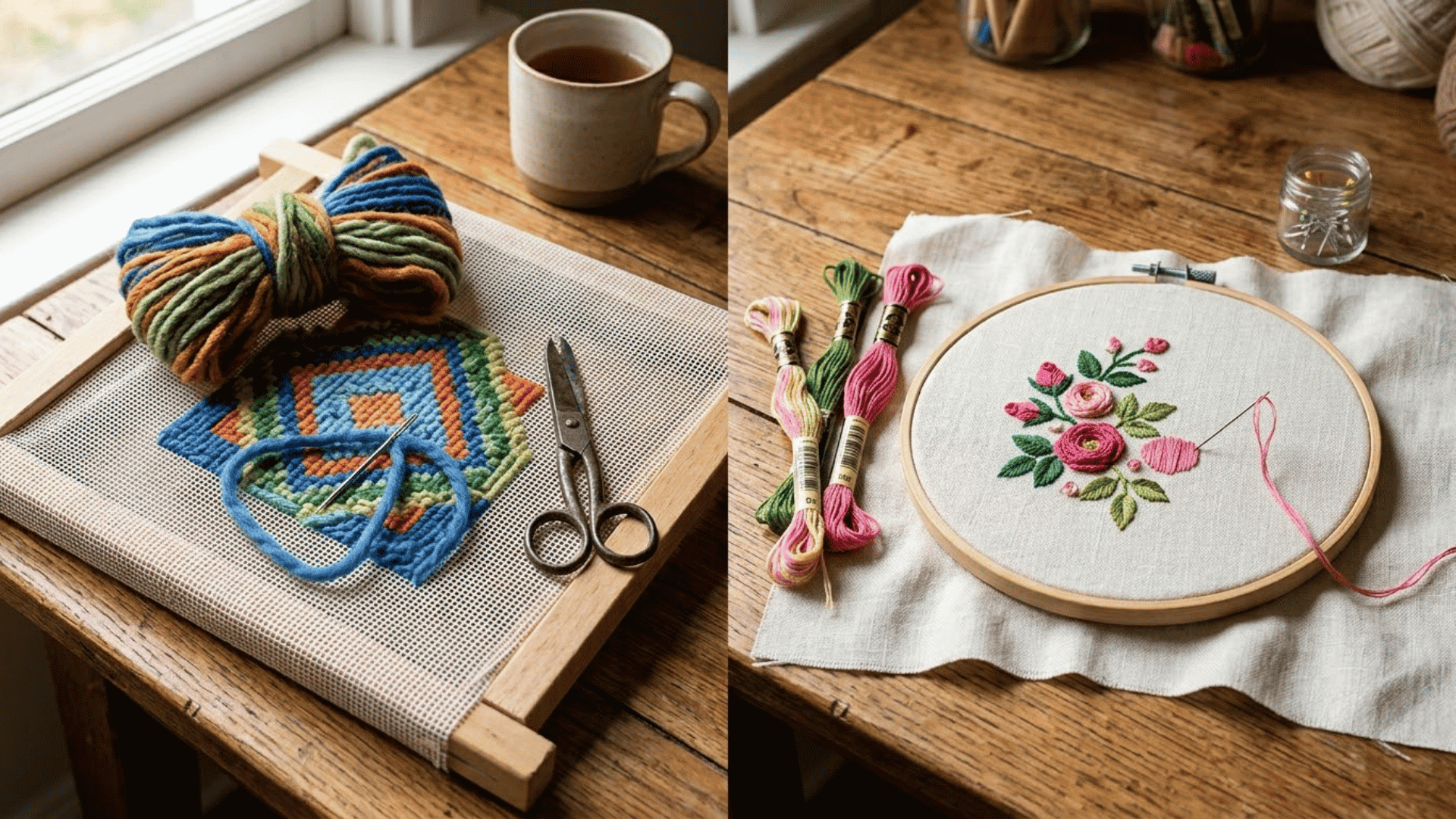 needlepoint vs embroidery showing colorful canvas stitching beside floral embroidery on fabric