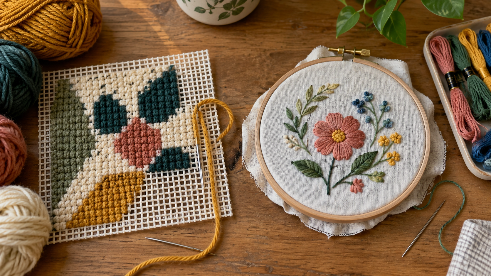 needlepoint canvas with thick yarn beside floral embroidery in a hoop on a wooden craft table