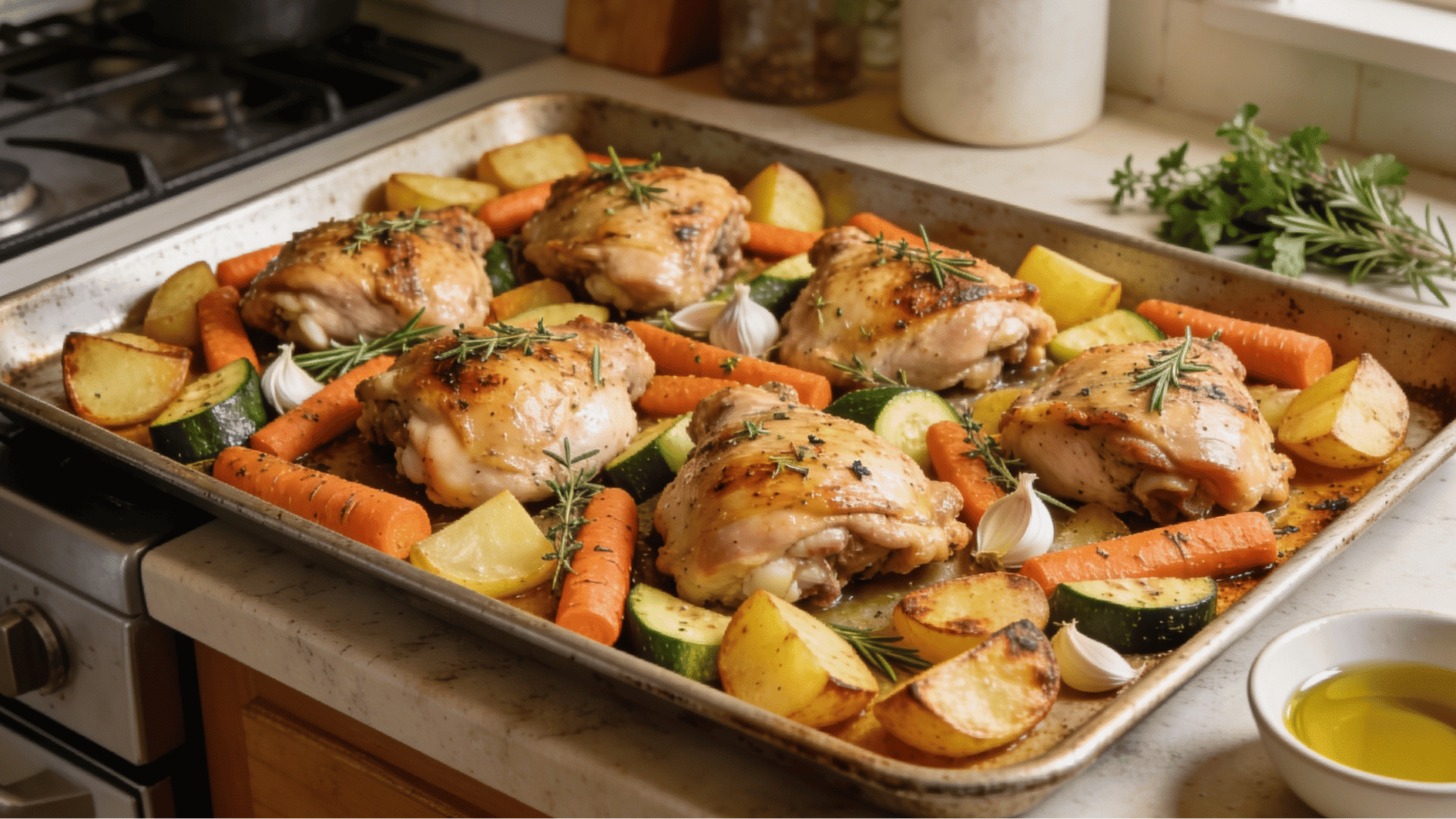 one pan chicken thighs with roasted carrots zucchini and potatoes on a sheet pan dinner
