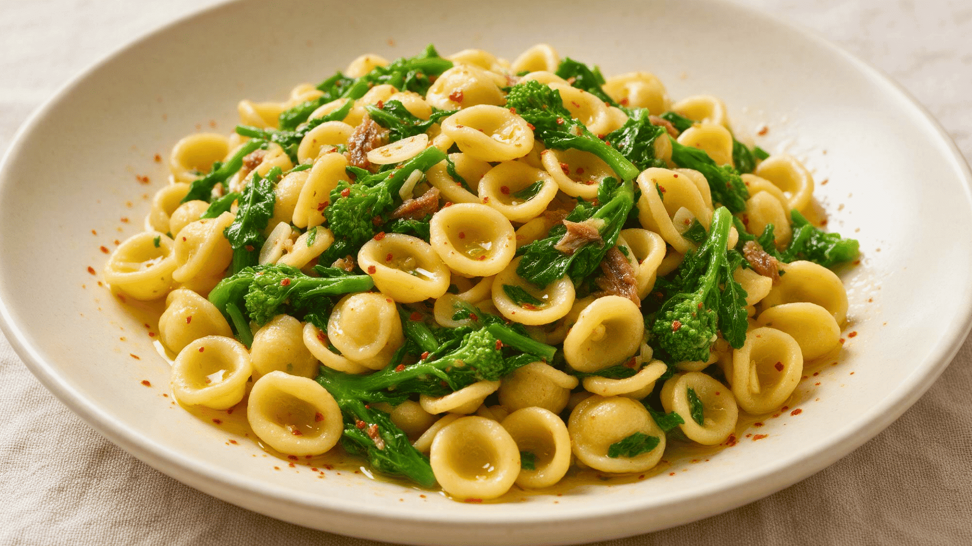 Orecchiette pasta with broccoli rabe, anchovy pieces, garlic and red pepper flakes in a white bowl.