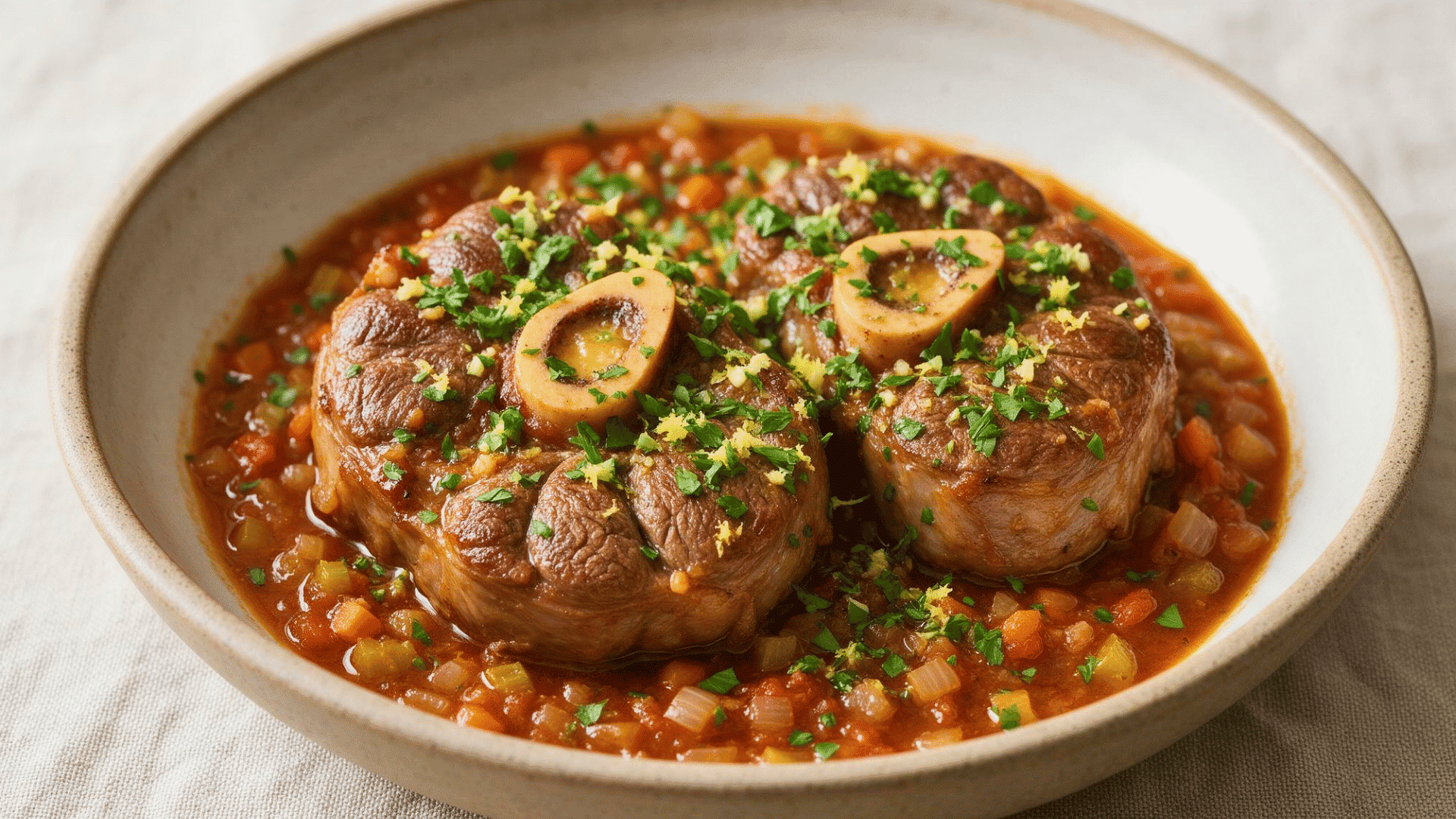 Braised veal shanks with bone marrow in tomato vegetable sauce, topped with parsley and lemon zest.