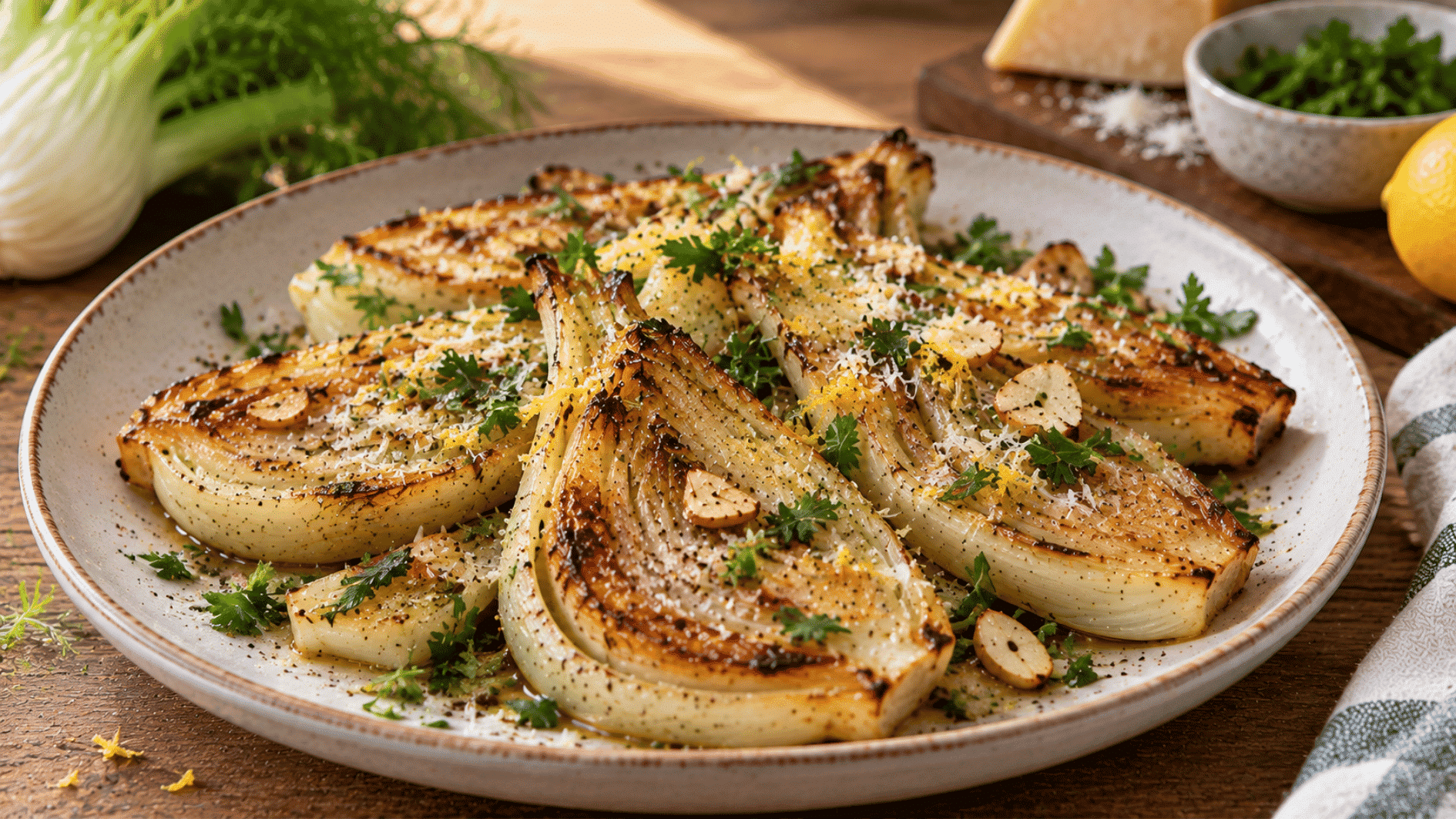 pan-seared fennel wedges topped with parmesan, herbs, sliced almonds, and lemon zest