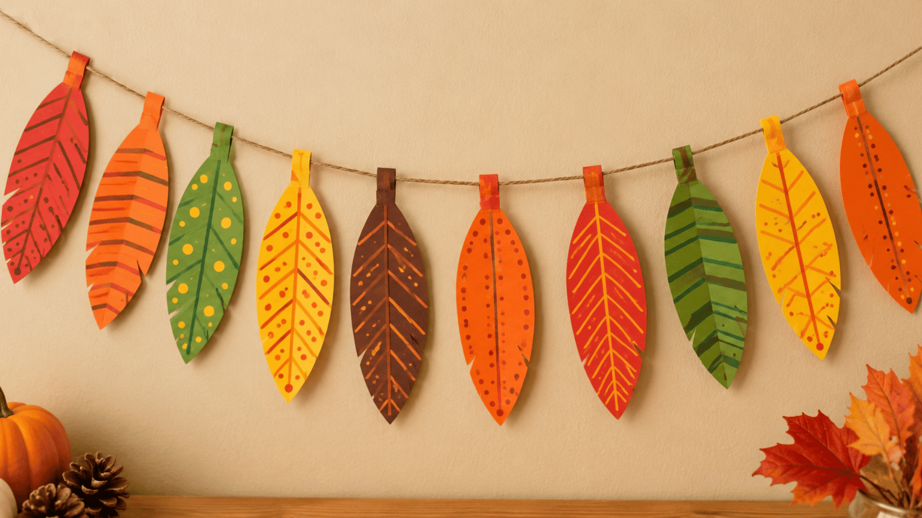 paper feather garland with colorful handmade feathers hanging from string as Thanksgiving decor