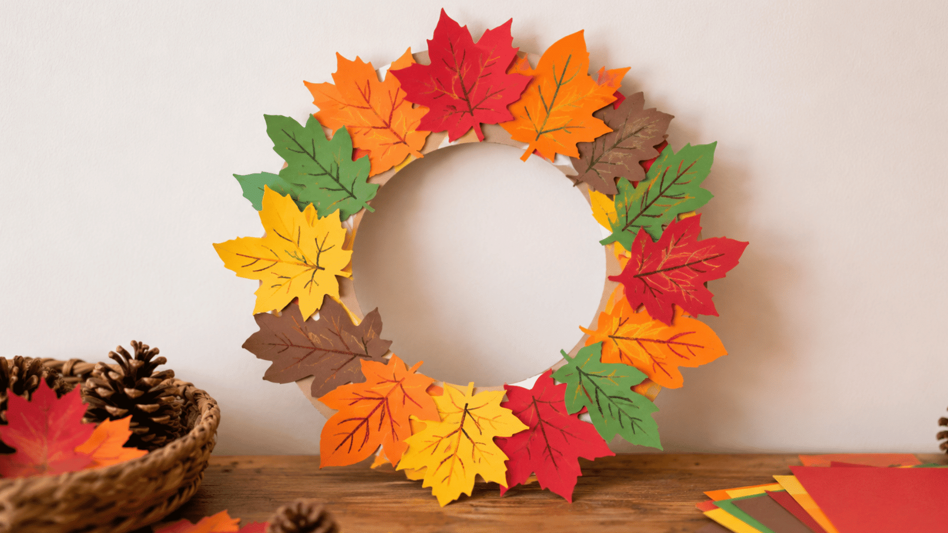 paper leaf wreath with layered red orange yellow green and brown paper leaves on a round base