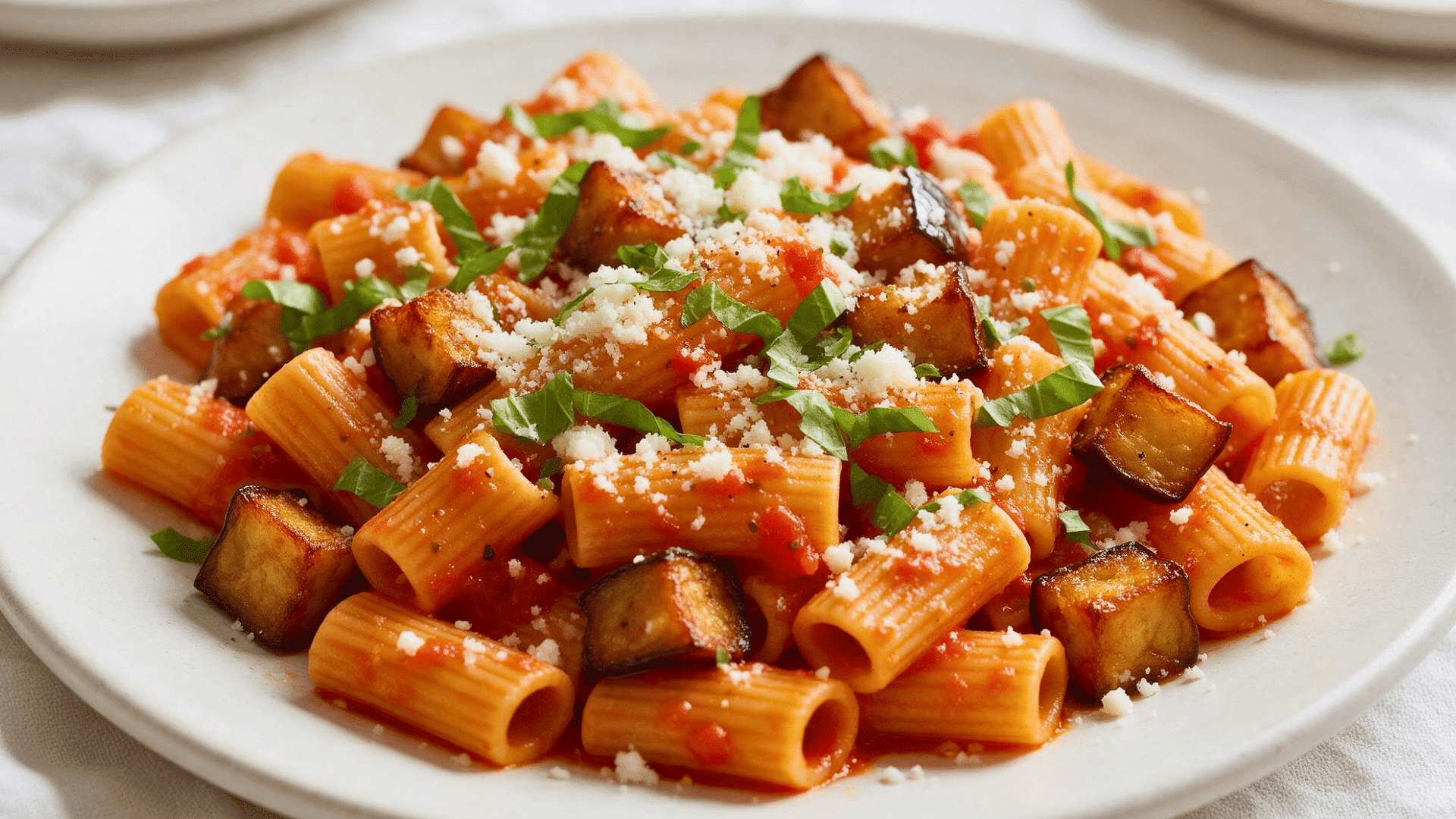 Rigatoni with tomato sauce, browned eggplant cubes, grated cheese and basil on a white plate.