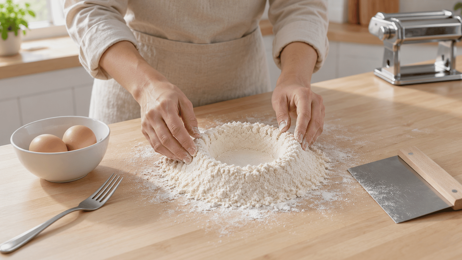 hands shaping a flour well beside eggs before making fresh pasta dough