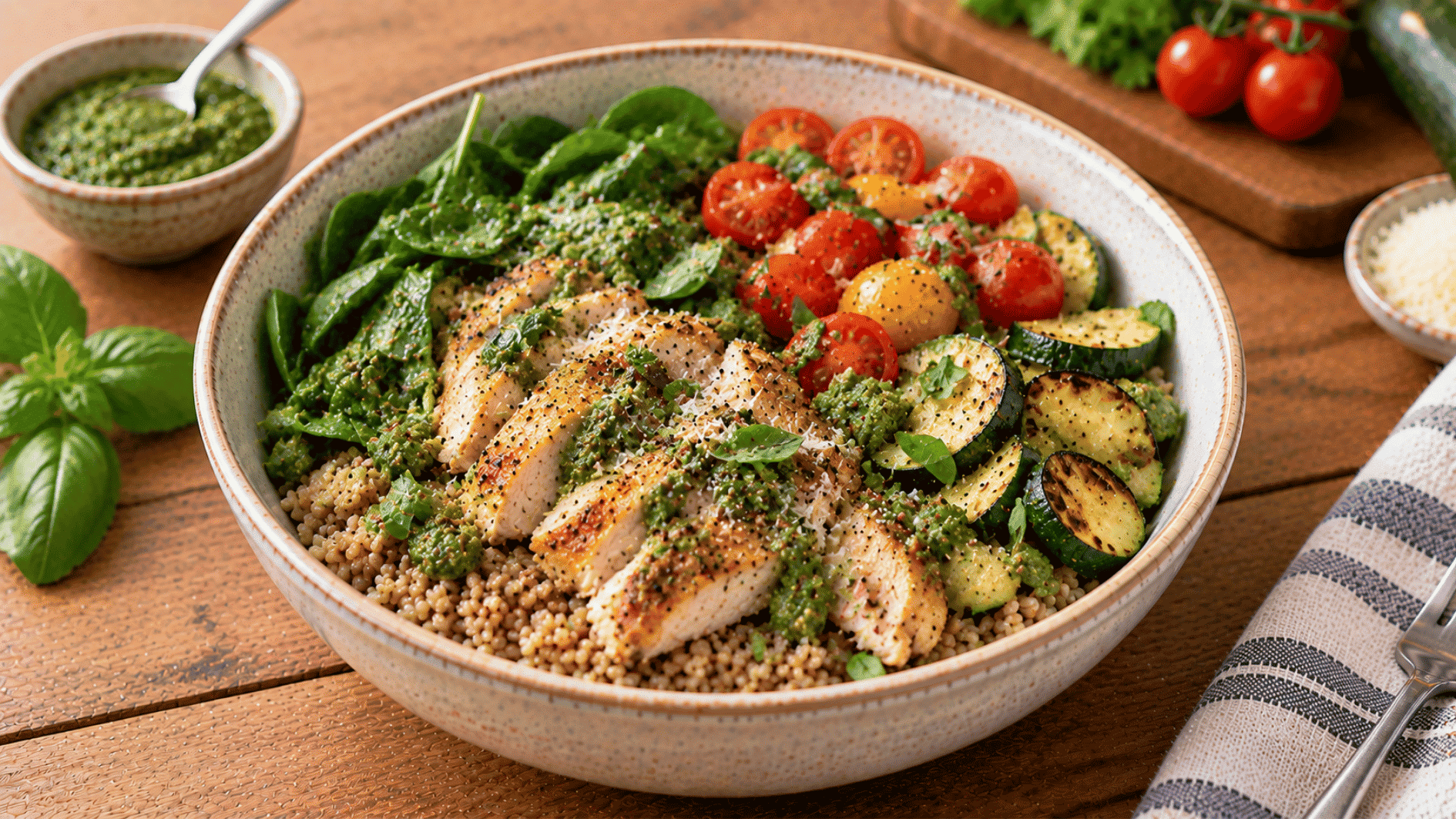 pesto chicken farro bowl with tomatoes zucchini spinach and basil pesto