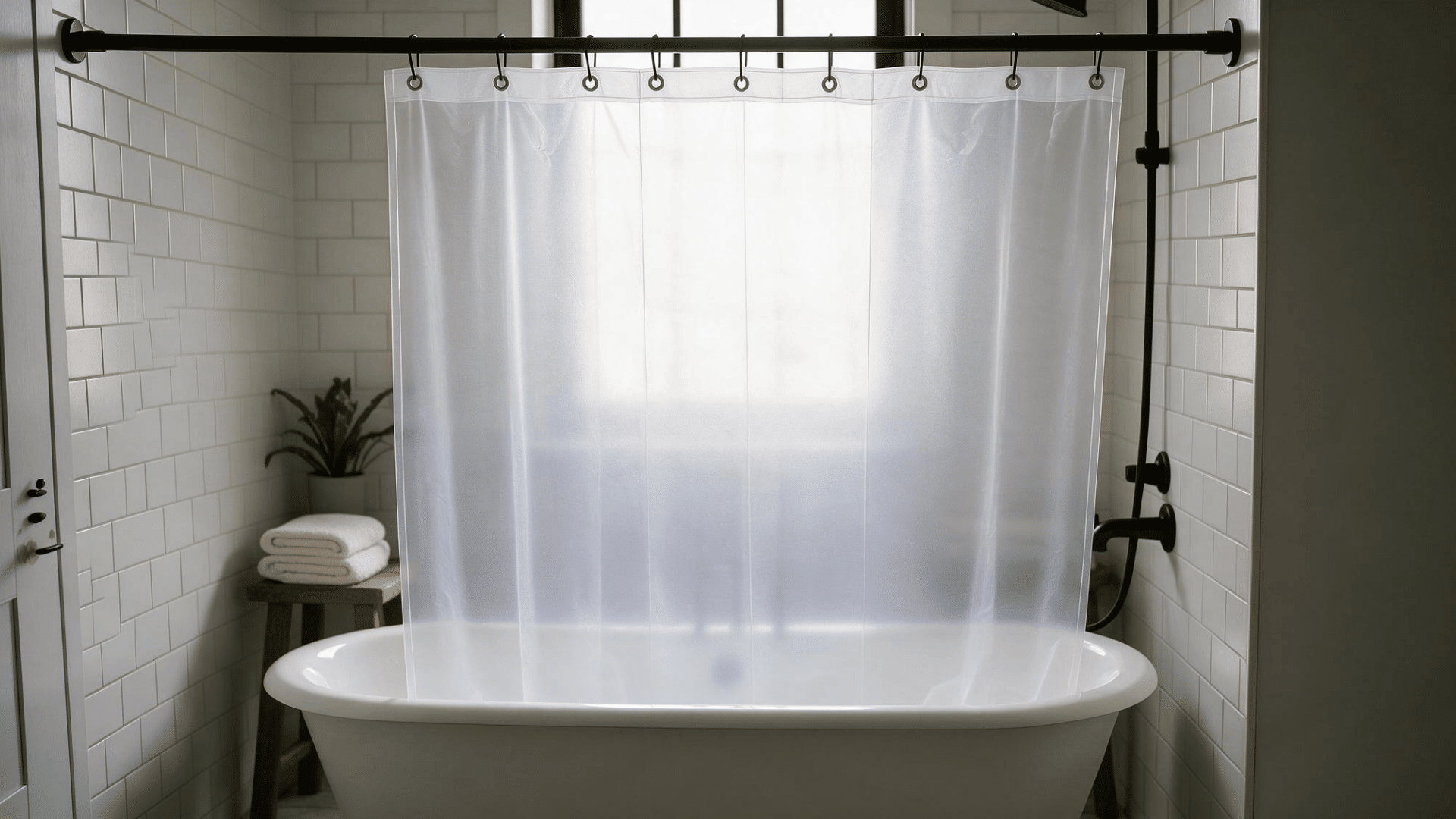 peva shower liner hanging in bathtub