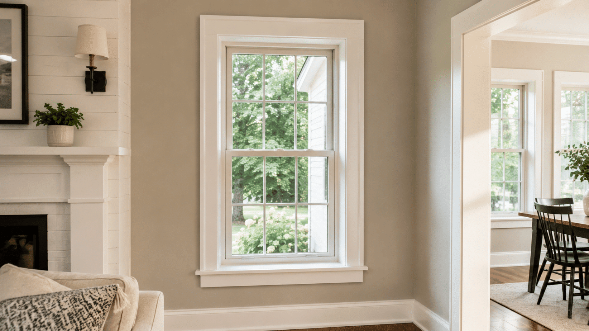 picture frame window trim with clean mitered corners around a window in a modern home interior