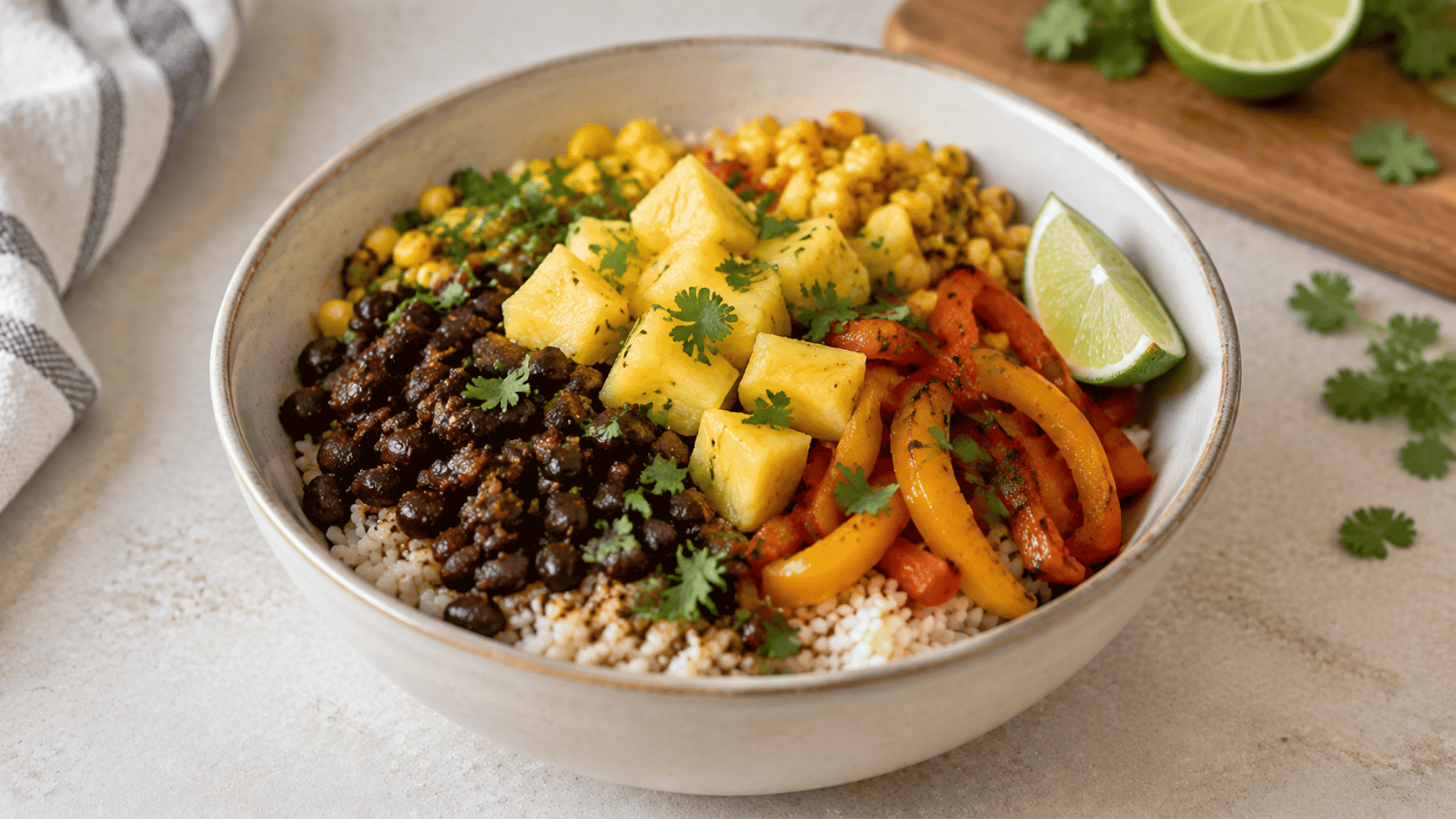 pineapple black bean rice bowl with rice black beans pineapple peppers corn and lime