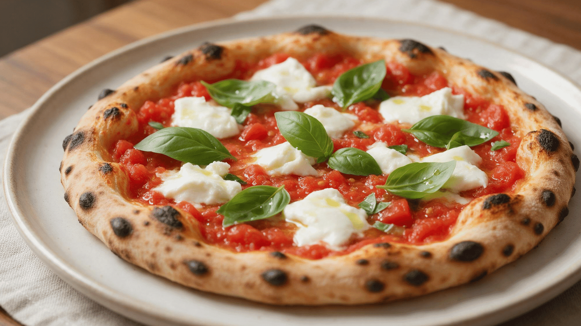 Pizza with tomato sauce, mozzarella, basil leaves and olive oil on a white plate.