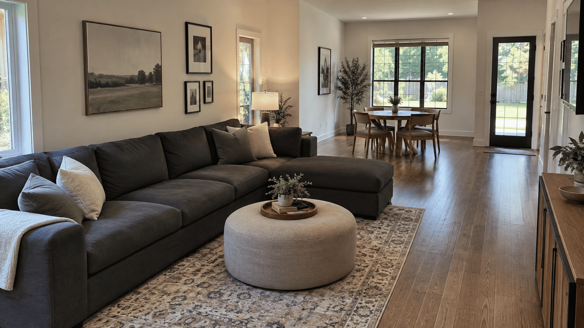 charcoal sectional and game table forming two zones beside an open path in a long family room