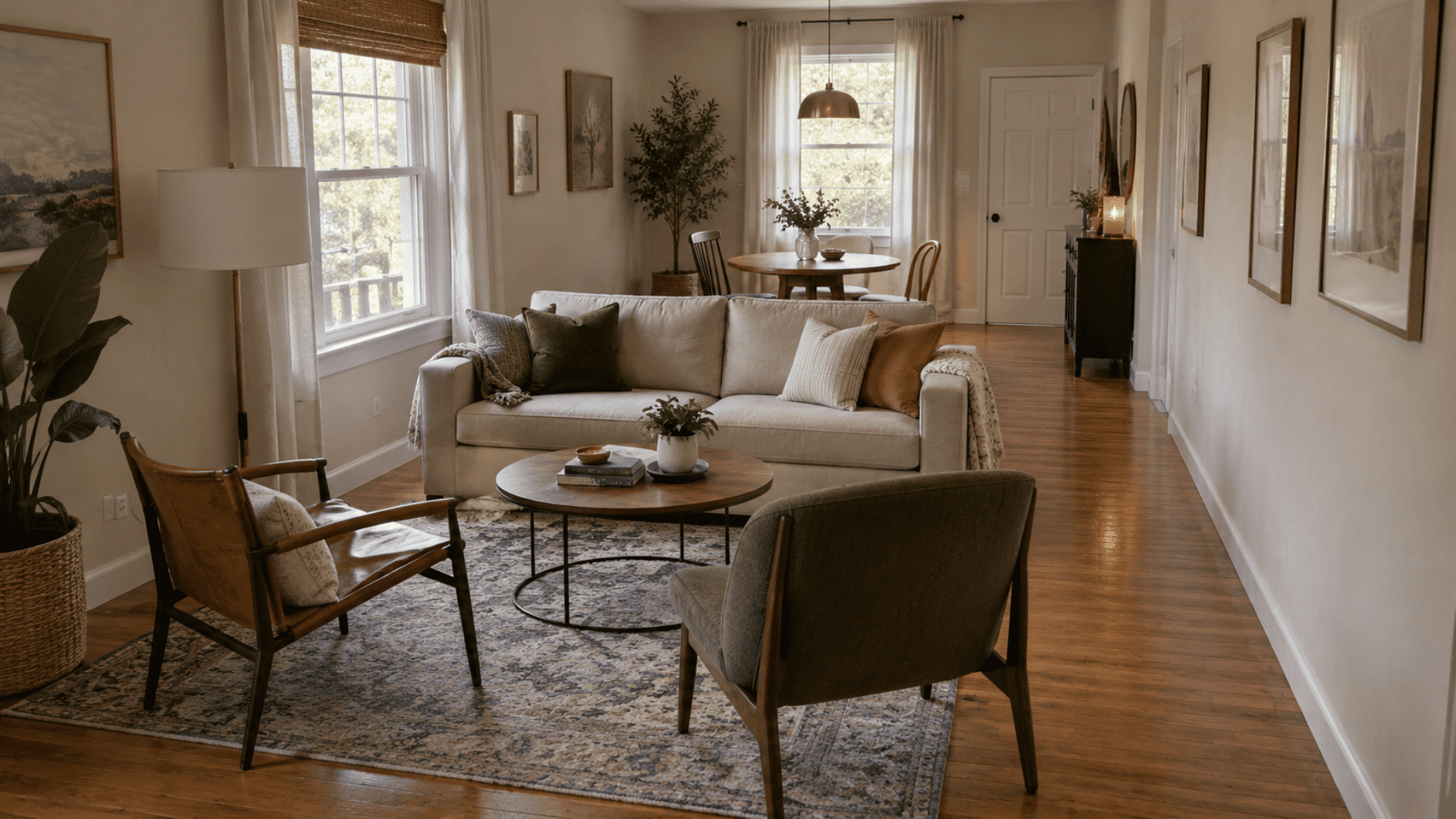 crosswise sofa dividing a long room into a seating area and small dining zone