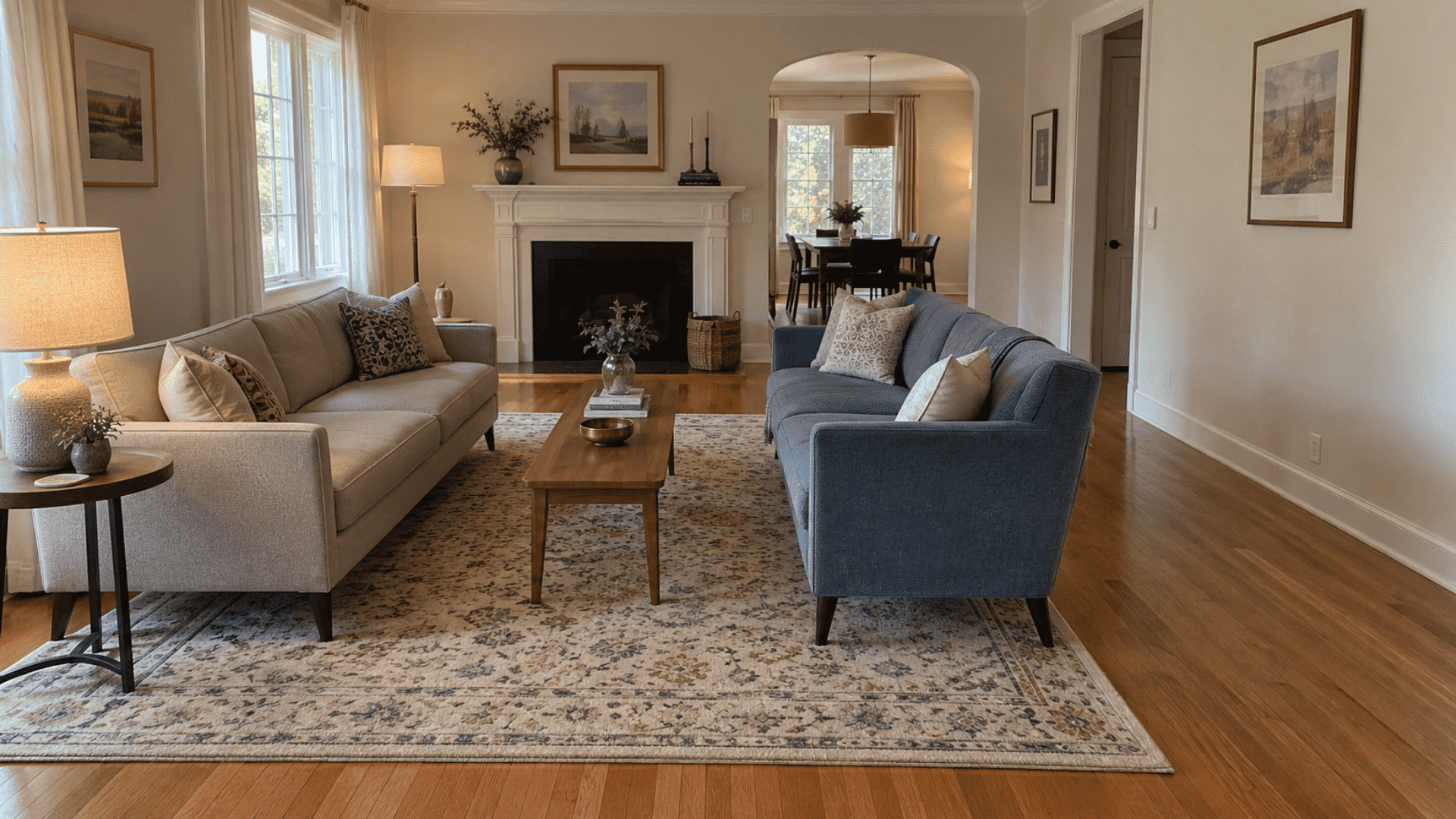 two slim sofas facing across a narrow coffee table with an open walkway on the right