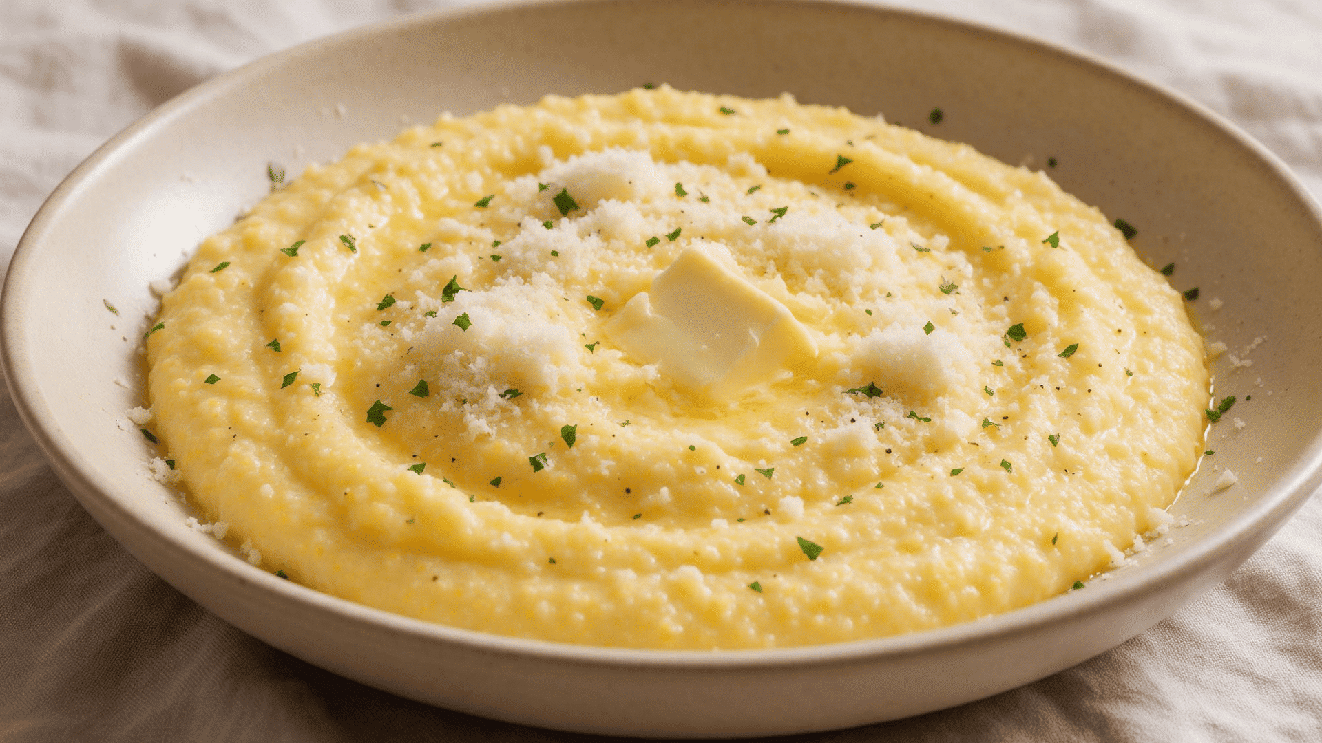 Creamy polenta topped with butter, grated cheese, chopped parsley and black pepper in a shallow bowl.