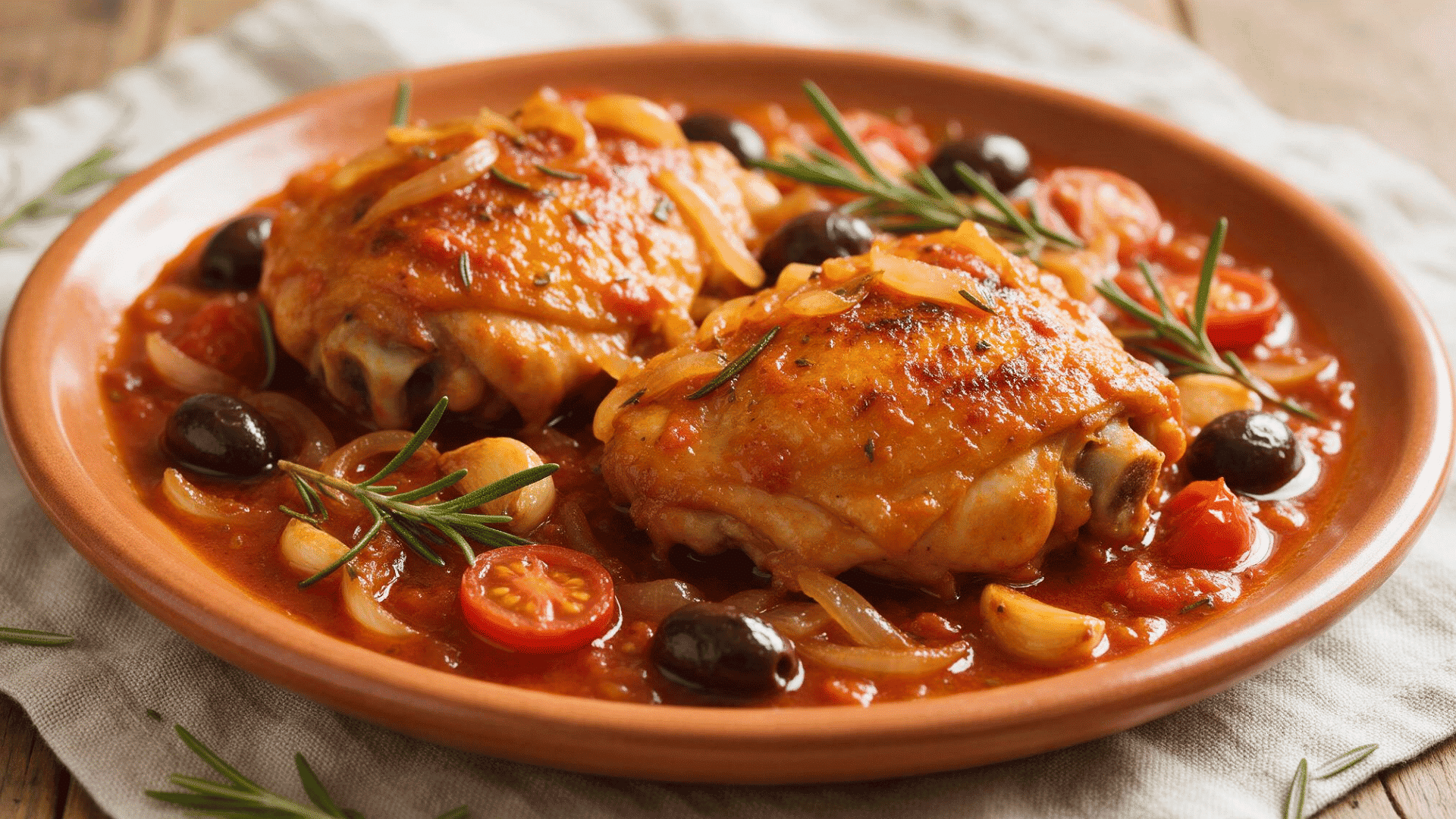 Chicken thighs in tomato sauce with onions, black olives, tomatoes, garlic and rosemary.