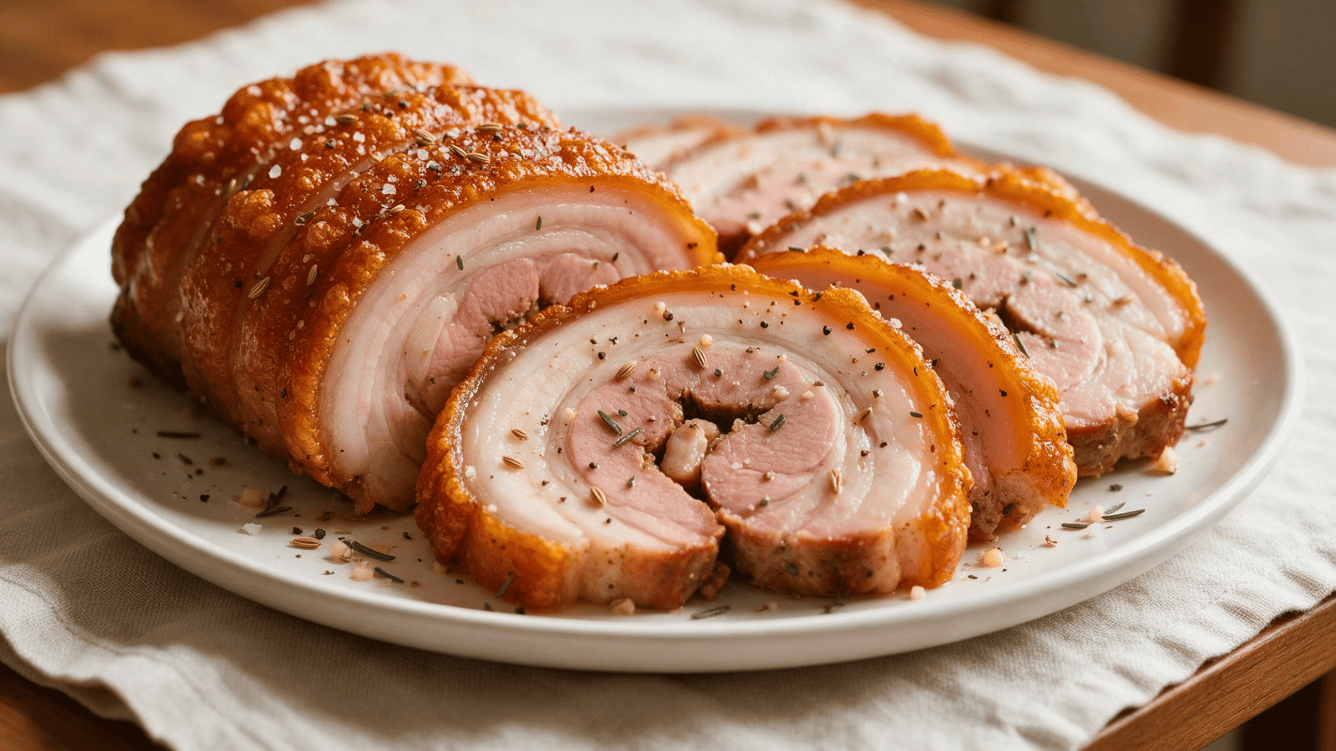 Sliced porchetta with crisp pork skin, rolled meat, herbs, salt and black pepper on a white plate.